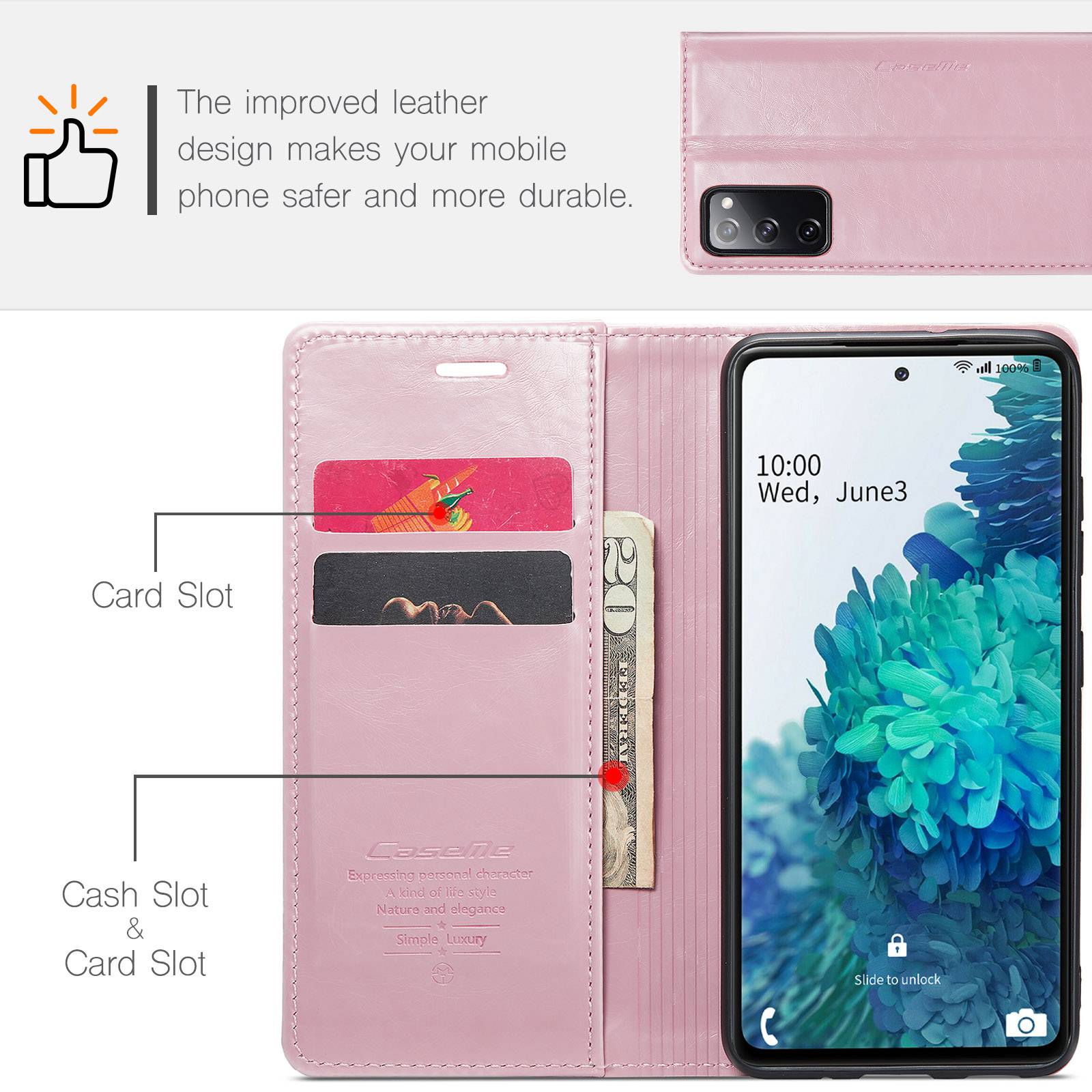 CASEME 003 Series For Samsung Galaxy S20 FE / S20 FE 5G / S20 FE 2022 / S20 Lite Shock Absorbing PU Leather Phone Case Waxy Texture Wallet Stand Cover - Pink