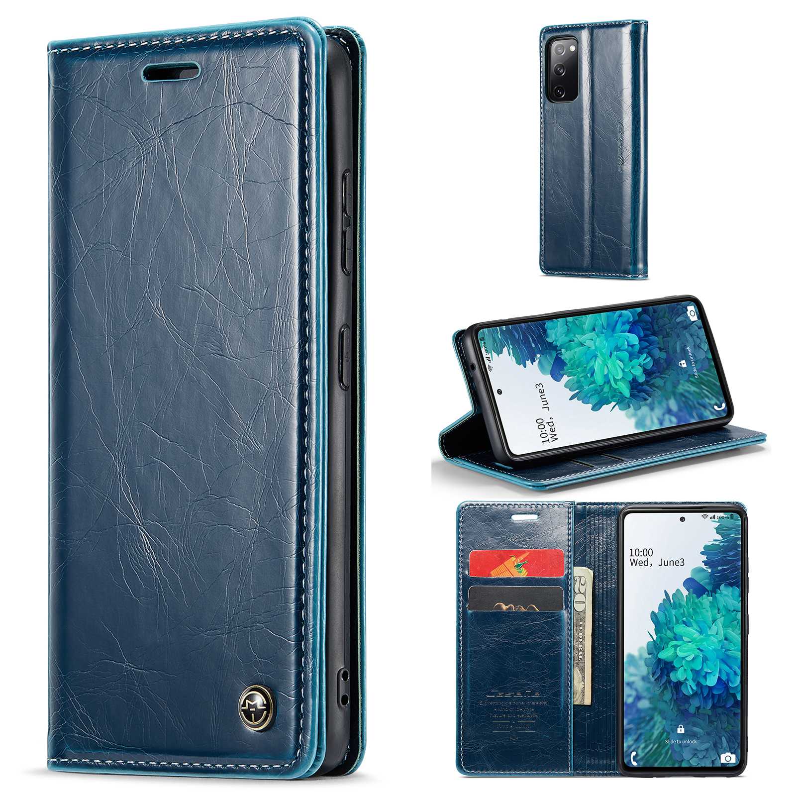 CASEME 003 Series For Samsung Galaxy S20 FE / S20 FE 5G / S20 FE 2022 / S20 Lite Shock Absorbing PU Leather Phone Case Waxy Texture Wallet Stand Cover - Blue