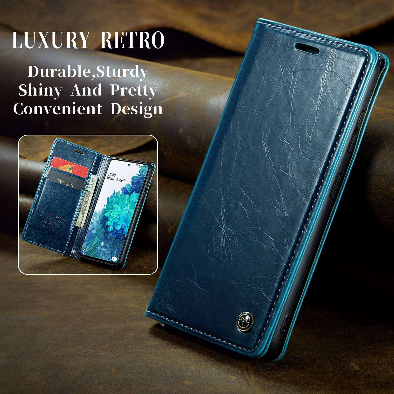 CASEME 003 Series For Samsung Galaxy S20 FE / S20 FE 5G / S20 FE 2022 / S20 Lite Shock Absorbing PU Leather Phone Case Waxy Texture Wallet Stand Cover - Blue