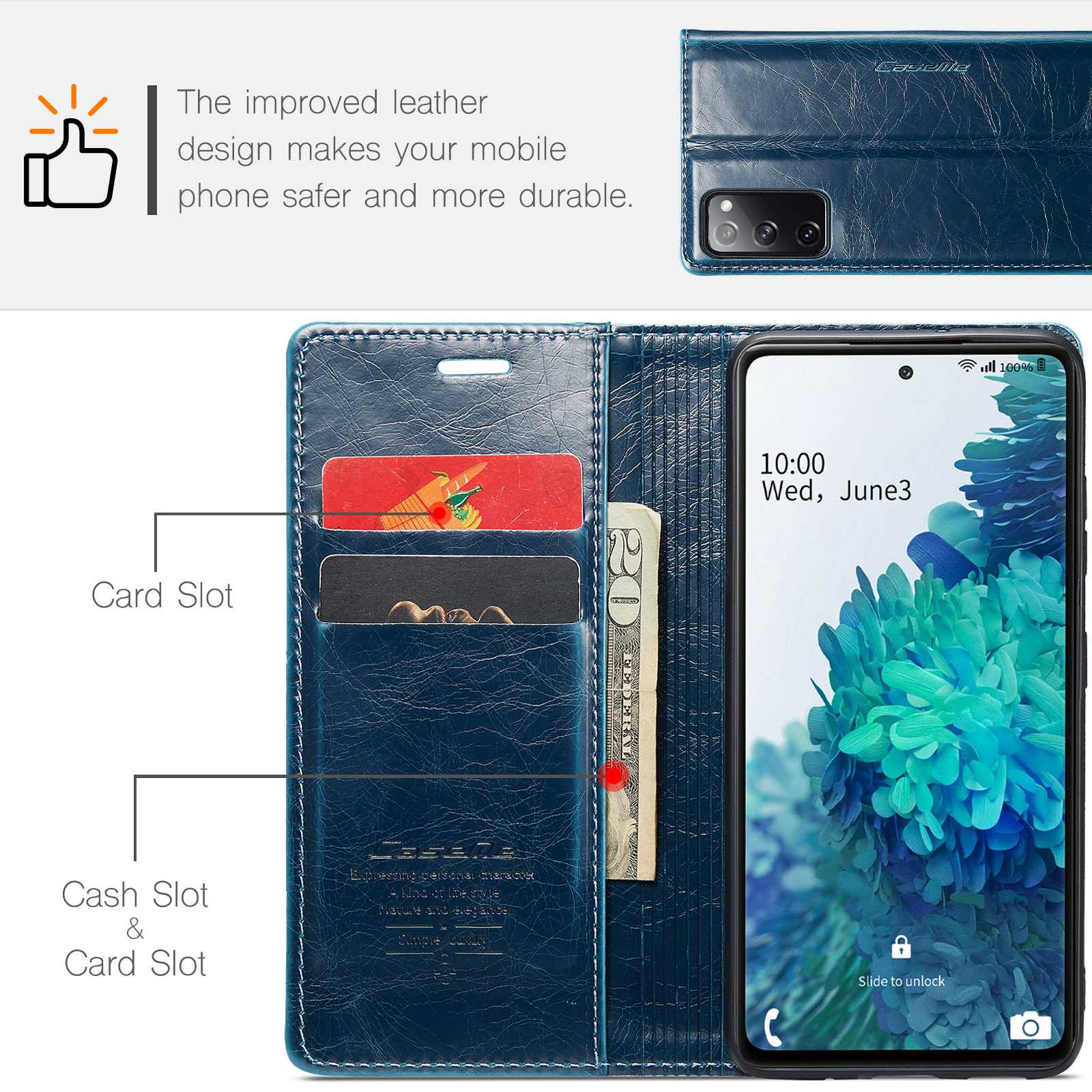 CASEME 003 Series For Samsung Galaxy S20 FE / S20 FE 5G / S20 FE 2022 / S20 Lite Shock Absorbing PU Leather Phone Case Waxy Texture Wallet Stand Cover - Blue