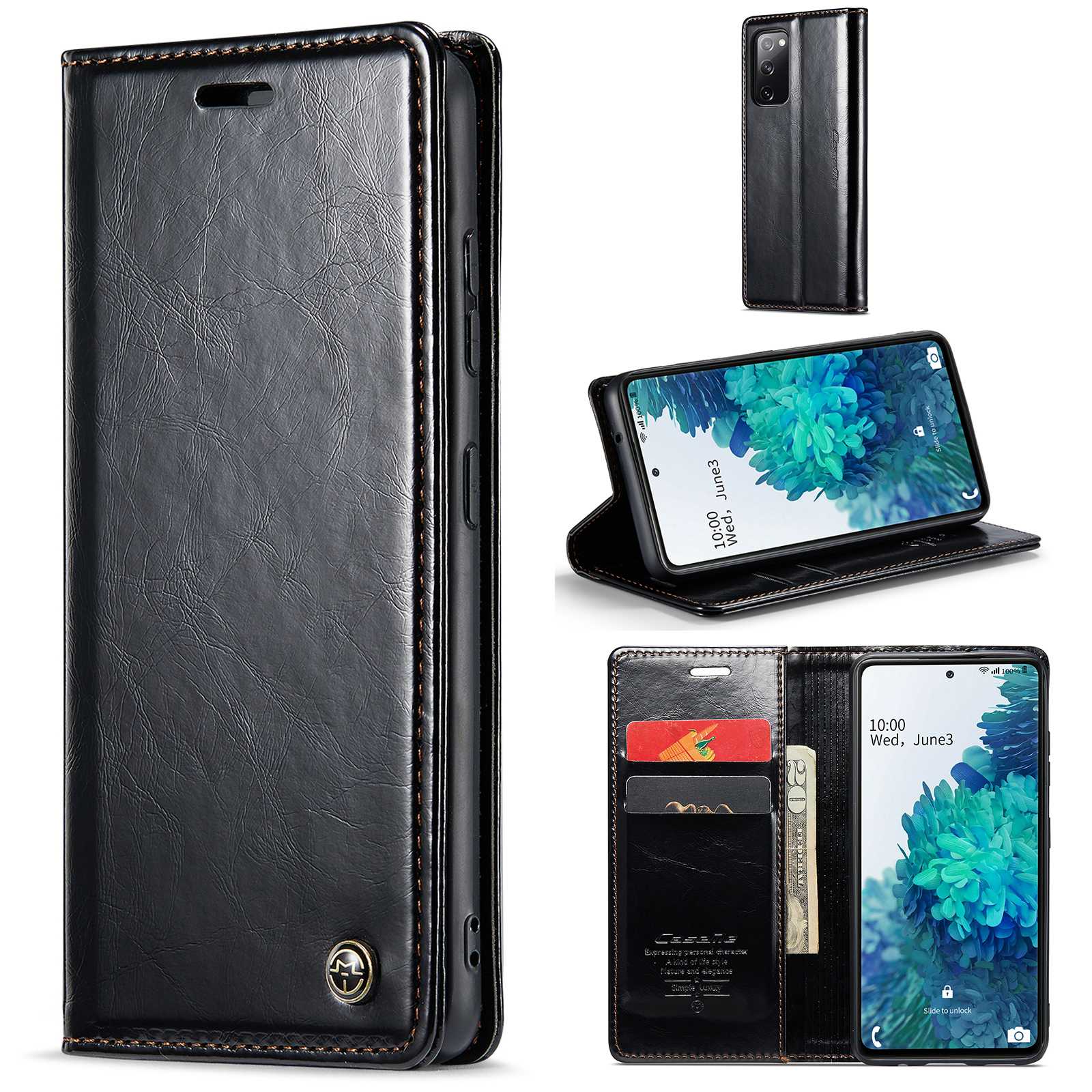 CASEME 003 Series For Samsung Galaxy S20 FE / S20 FE 5G / S20 FE 2022 / S20 Lite Shock Absorbing PU Leather Phone Case Waxy Texture Wallet Stand Cover - Black