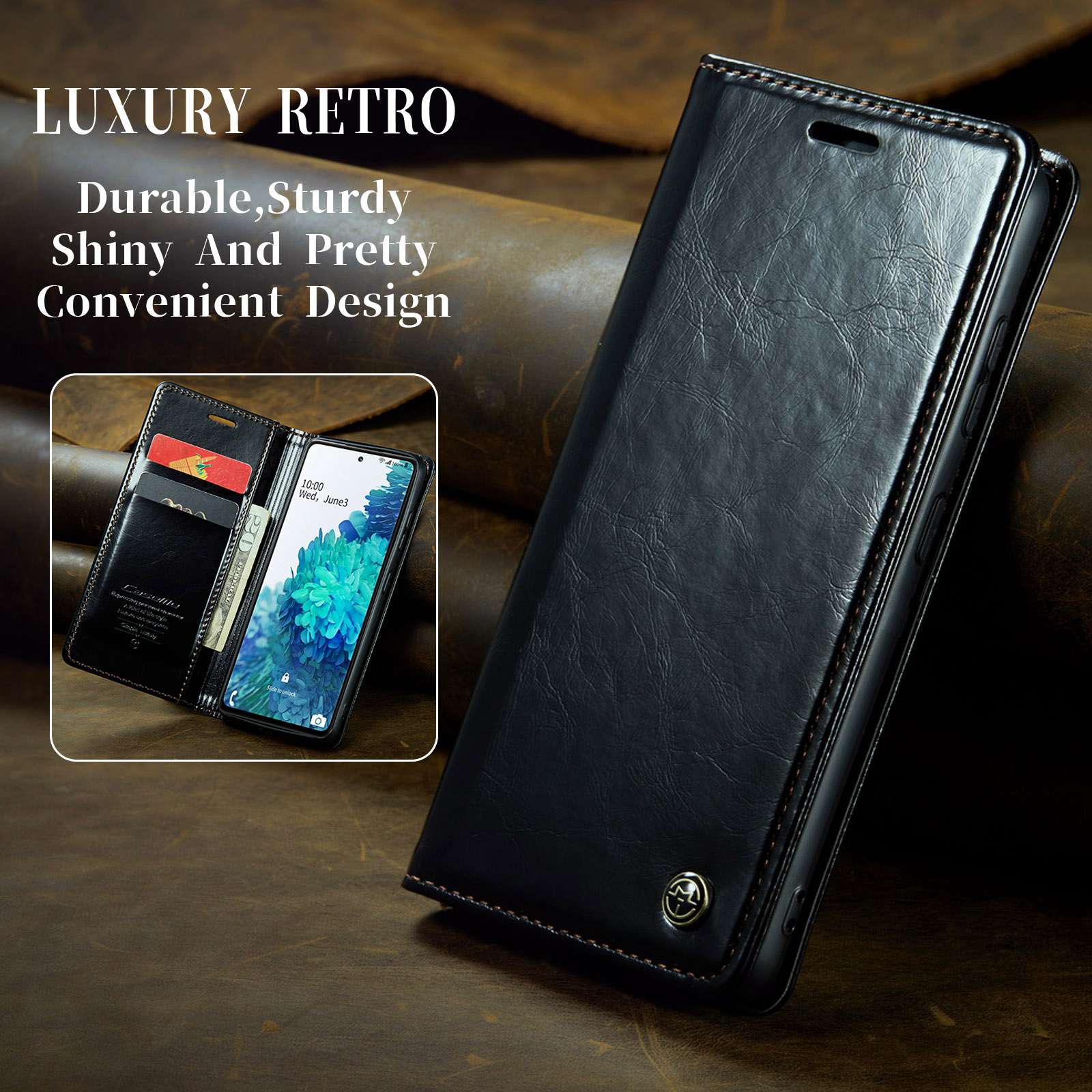 CASEME 003 Series For Samsung Galaxy S20 FE / S20 FE 5G / S20 FE 2022 / S20 Lite Shock Absorbing PU Leather Phone Case Waxy Texture Wallet Stand Cover - Black