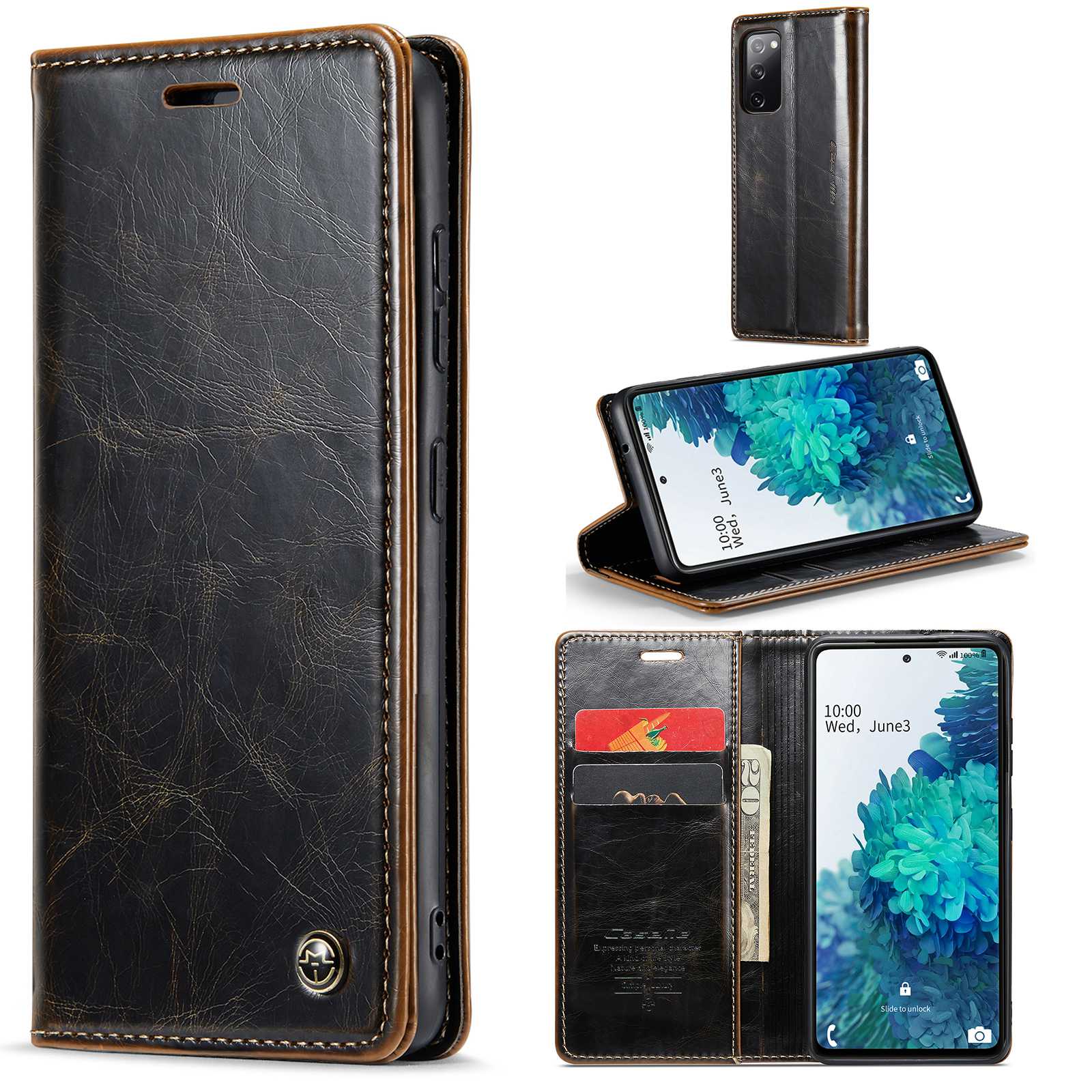 CASEME 003 Series For Samsung Galaxy S20 FE / S20 FE 5G / S20 FE 2022 / S20 Lite Shock Absorbing PU Leather Phone Case Waxy Texture Wallet Stand Cover - Coffee