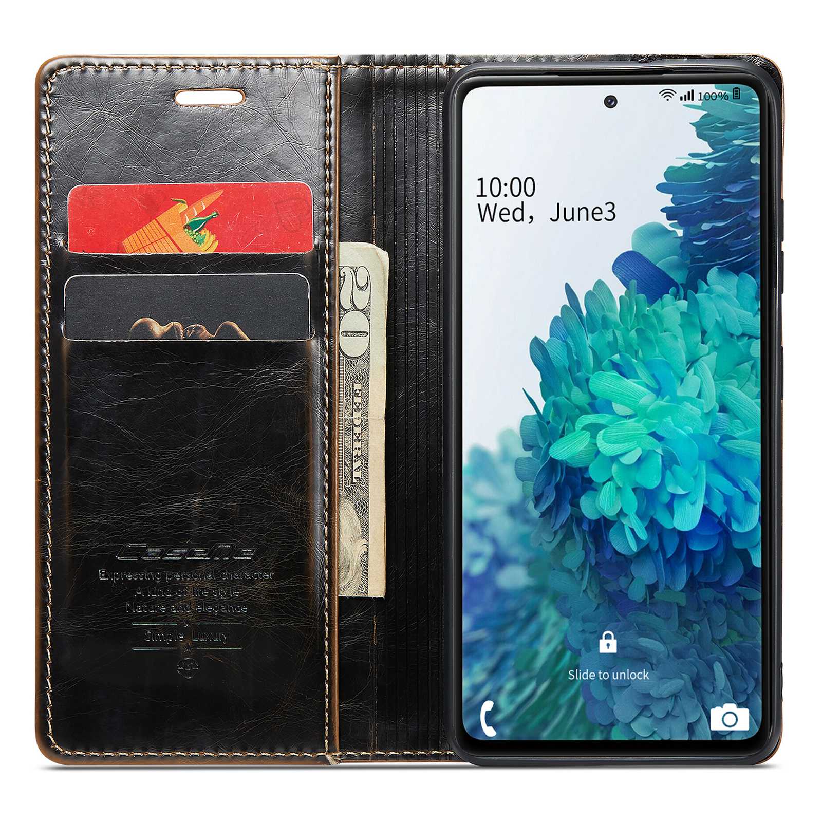 CASEME 003 Series For Samsung Galaxy S20 FE / S20 FE 5G / S20 FE 2022 / S20 Lite Shock Absorbing PU Leather Phone Case Waxy Texture Wallet Stand Cover - Coffee