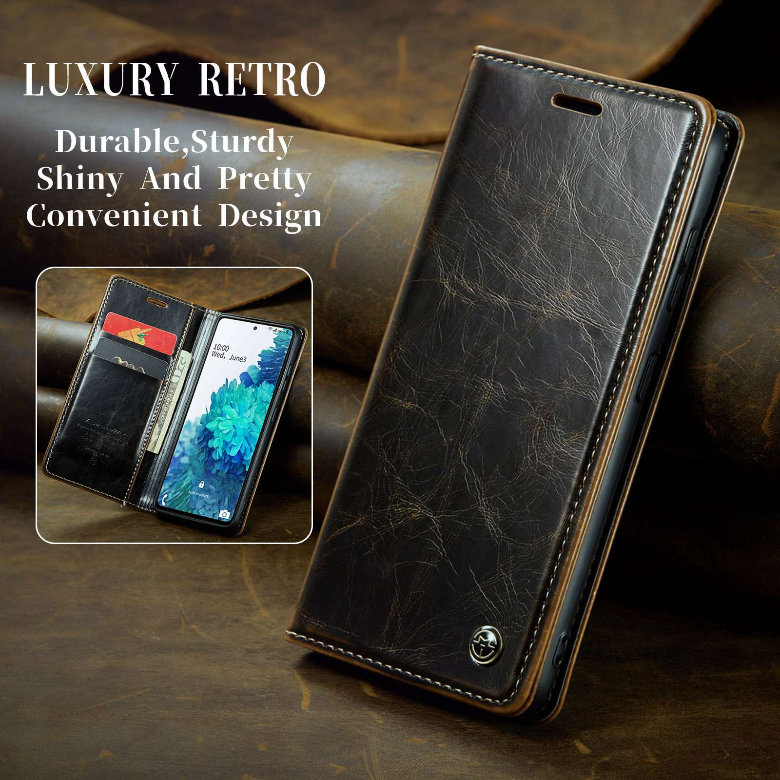 CASEME 003 Series For Samsung Galaxy S20 FE / S20 FE 5G / S20 FE 2022 / S20 Lite Shock Absorbing PU Leather Phone Case Waxy Texture Wallet Stand Cover - Coffee