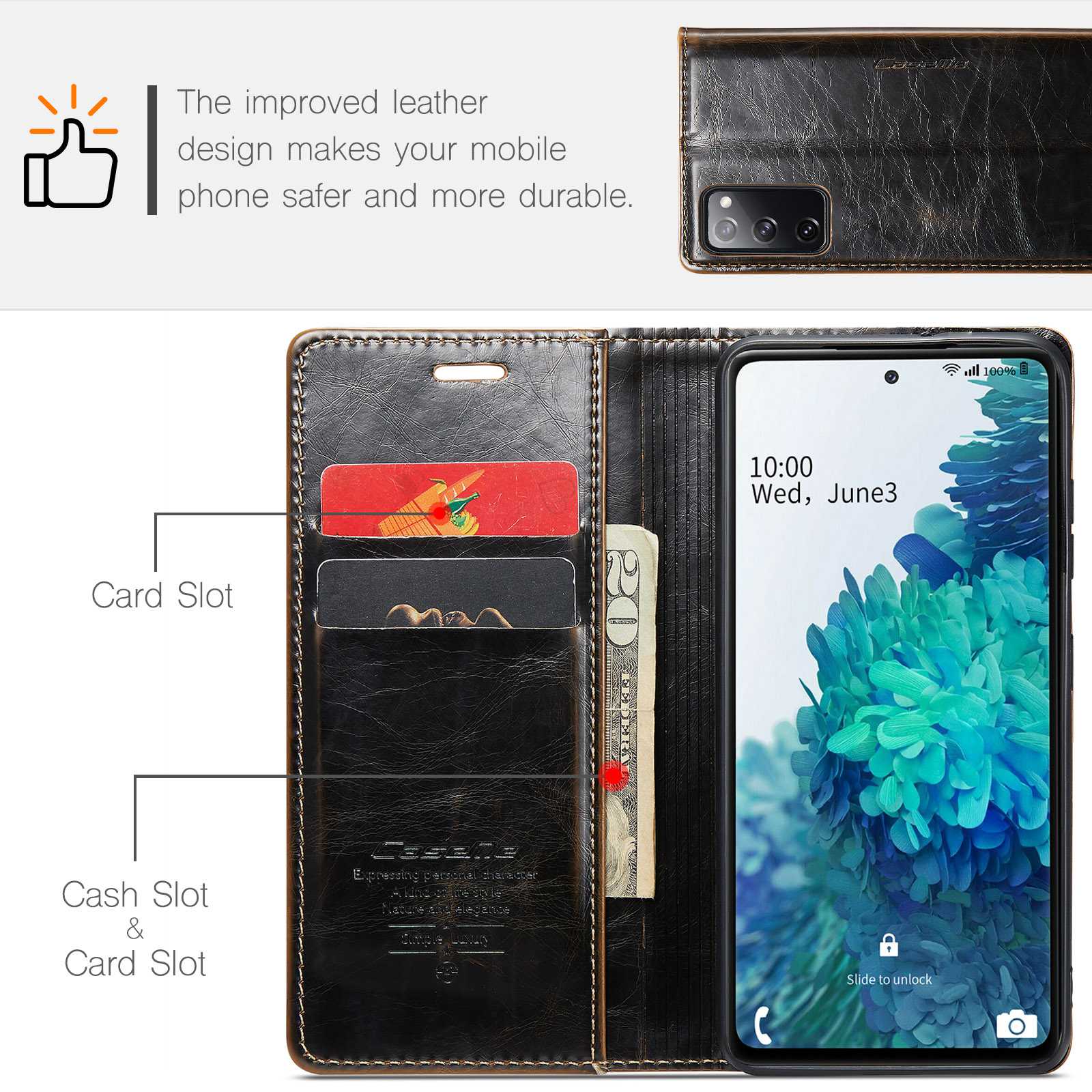 CASEME 003 Series For Samsung Galaxy S20 FE / S20 FE 5G / S20 FE 2022 / S20 Lite Shock Absorbing PU Leather Phone Case Waxy Texture Wallet Stand Cover - Coffee