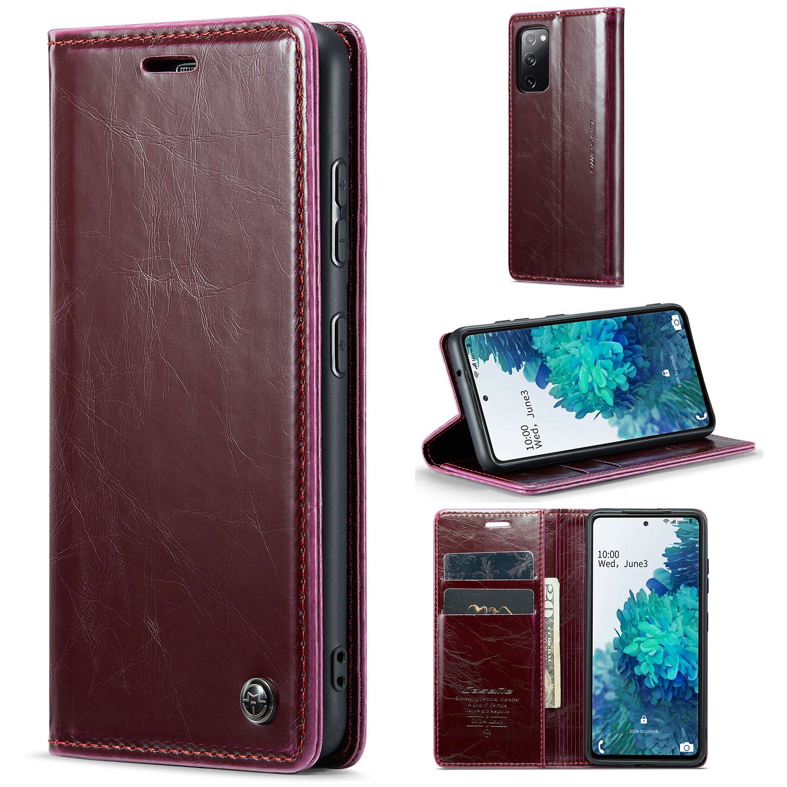 CASEME 003 Series For Samsung Galaxy S20 FE / S20 FE 5G / S20 FE 2022 / S20 Lite Shock Absorbing PU Leather Phone Case Waxy Texture Wallet Stand Cover - Red