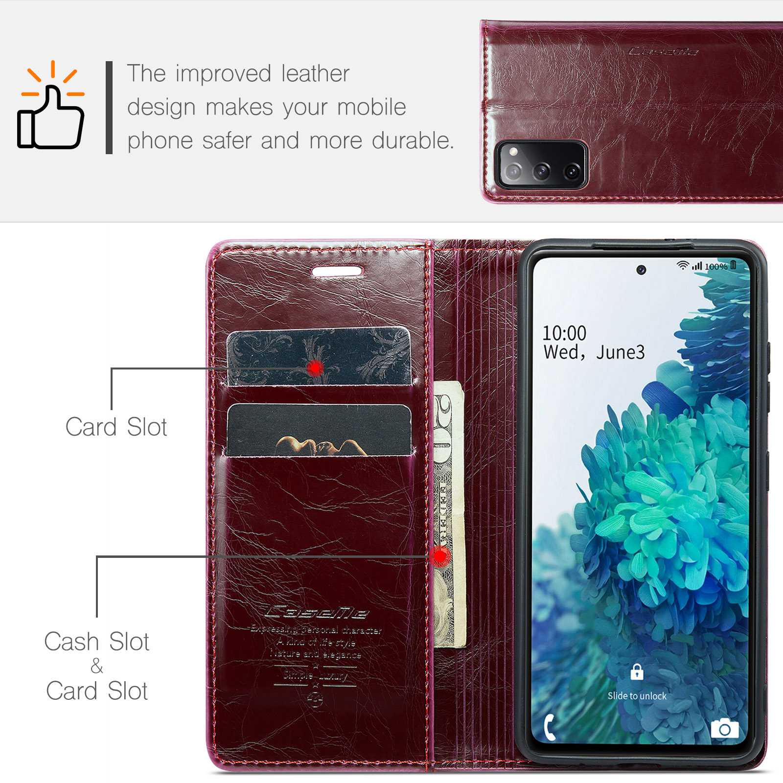 CASEME 003 Series For Samsung Galaxy S20 FE / S20 FE 5G / S20 FE 2022 / S20 Lite Shock Absorbing PU Leather Phone Case Waxy Texture Wallet Stand Cover - Red