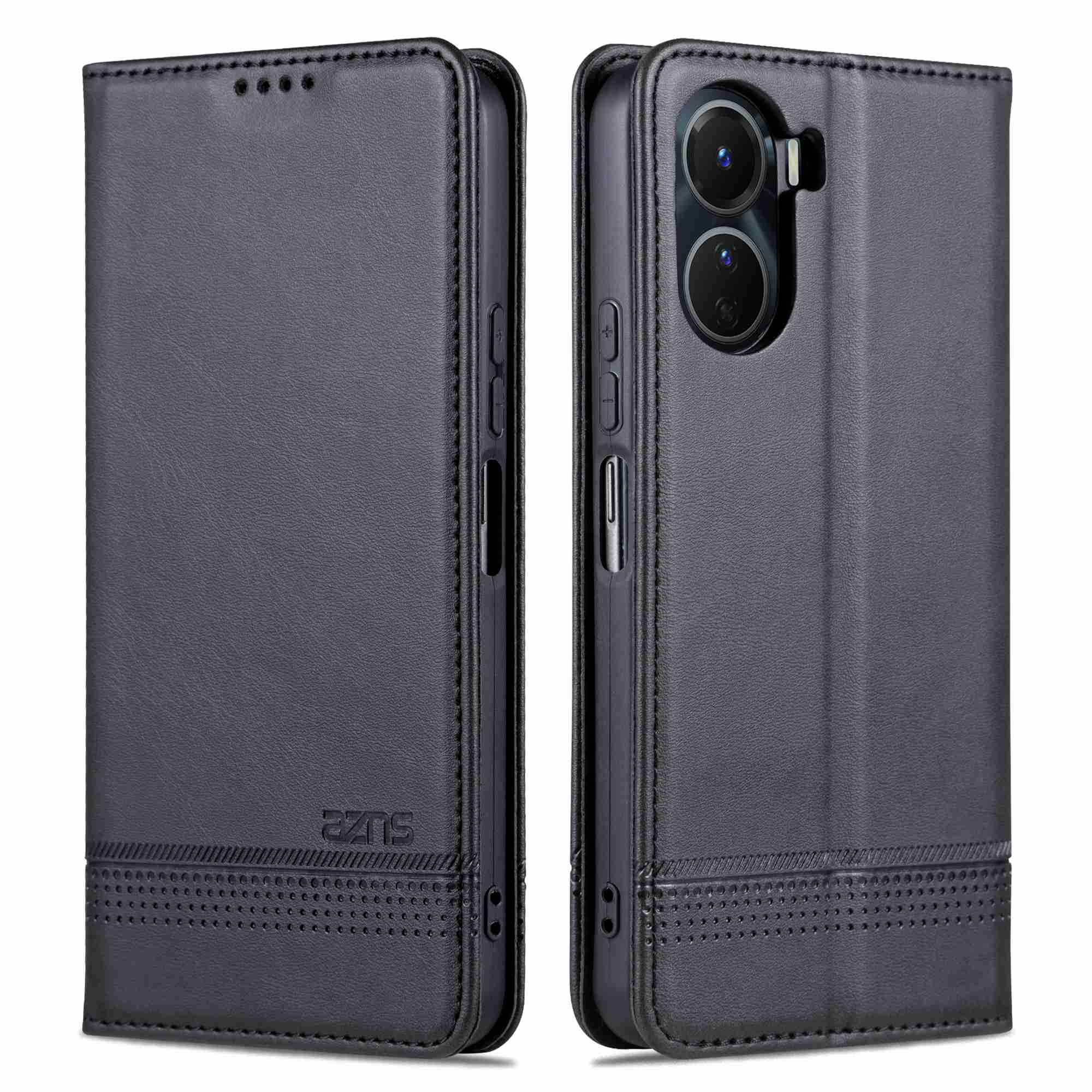 AZNS For vivo Y16 4G Cowhide Texture PU Leather Shockproof Case Magnetic Auto-absorbed Phone Wallet Stand Cover - Black