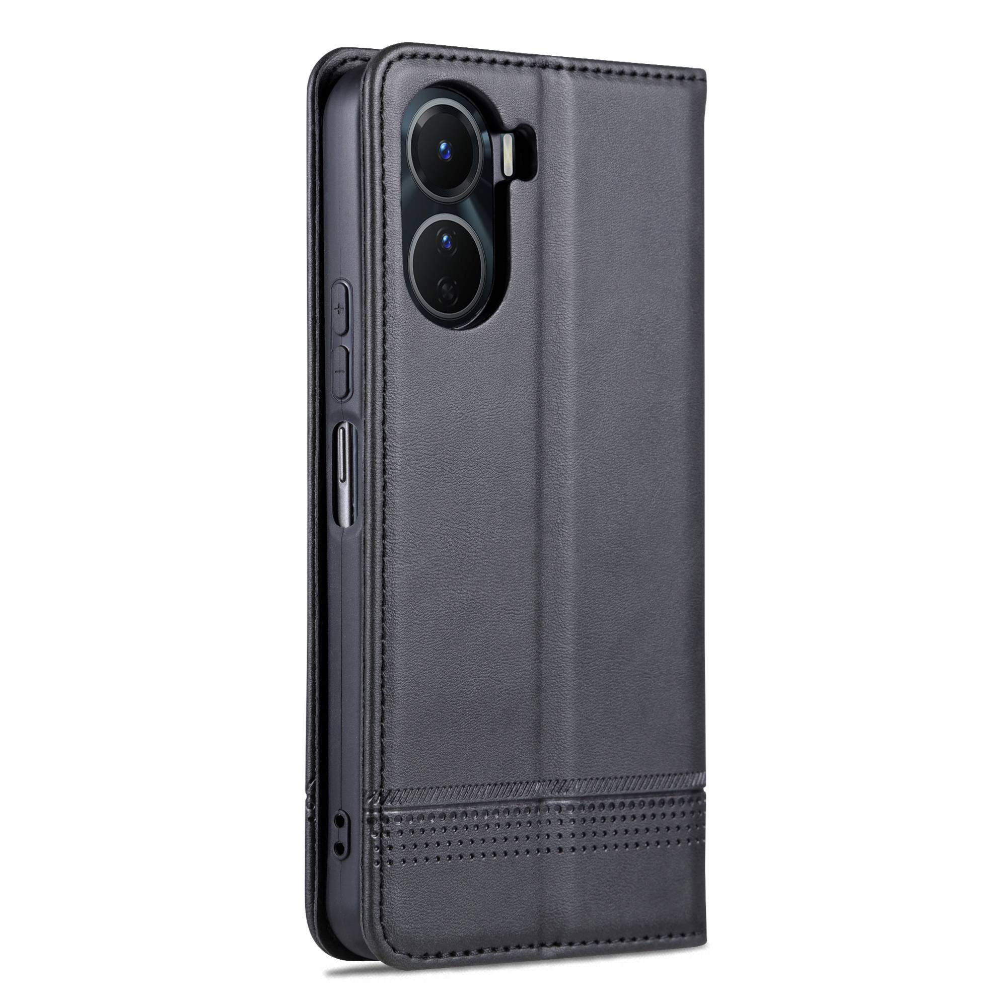 AZNS For vivo Y16 4G Cowhide Texture PU Leather Shockproof Case Magnetic Auto-absorbed Phone Wallet Stand Cover - Black