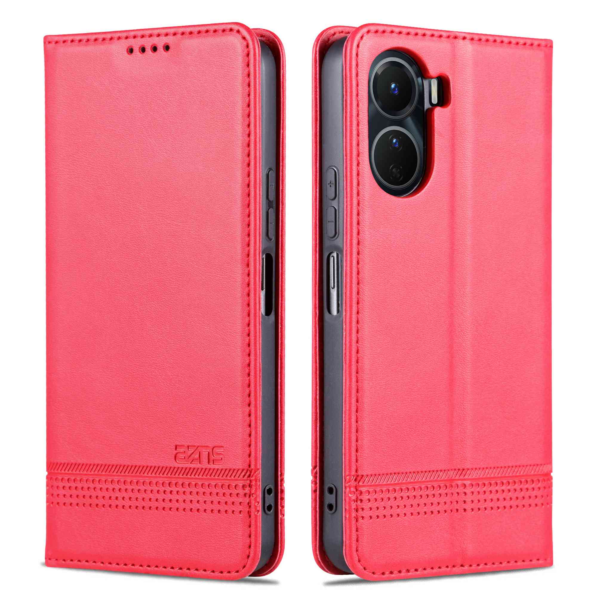 AZNS For vivo Y16 4G Cowhide Texture PU Leather Shockproof Case Magnetic Auto-absorbed Phone Wallet Stand Cover - Red