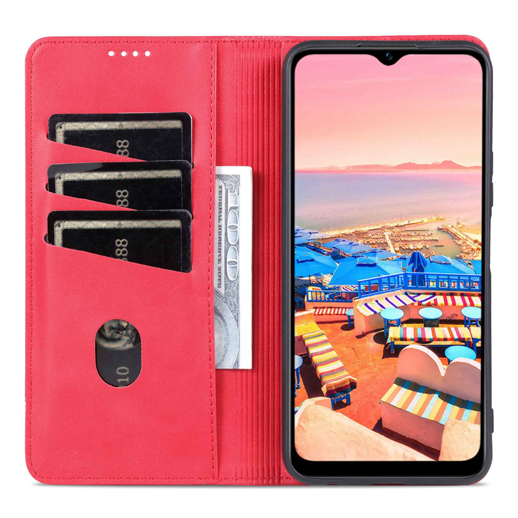 AZNS For vivo Y16 4G Cowhide Texture PU Leather Shockproof Case Magnetic Auto-absorbed Phone Wallet Stand Cover - Red