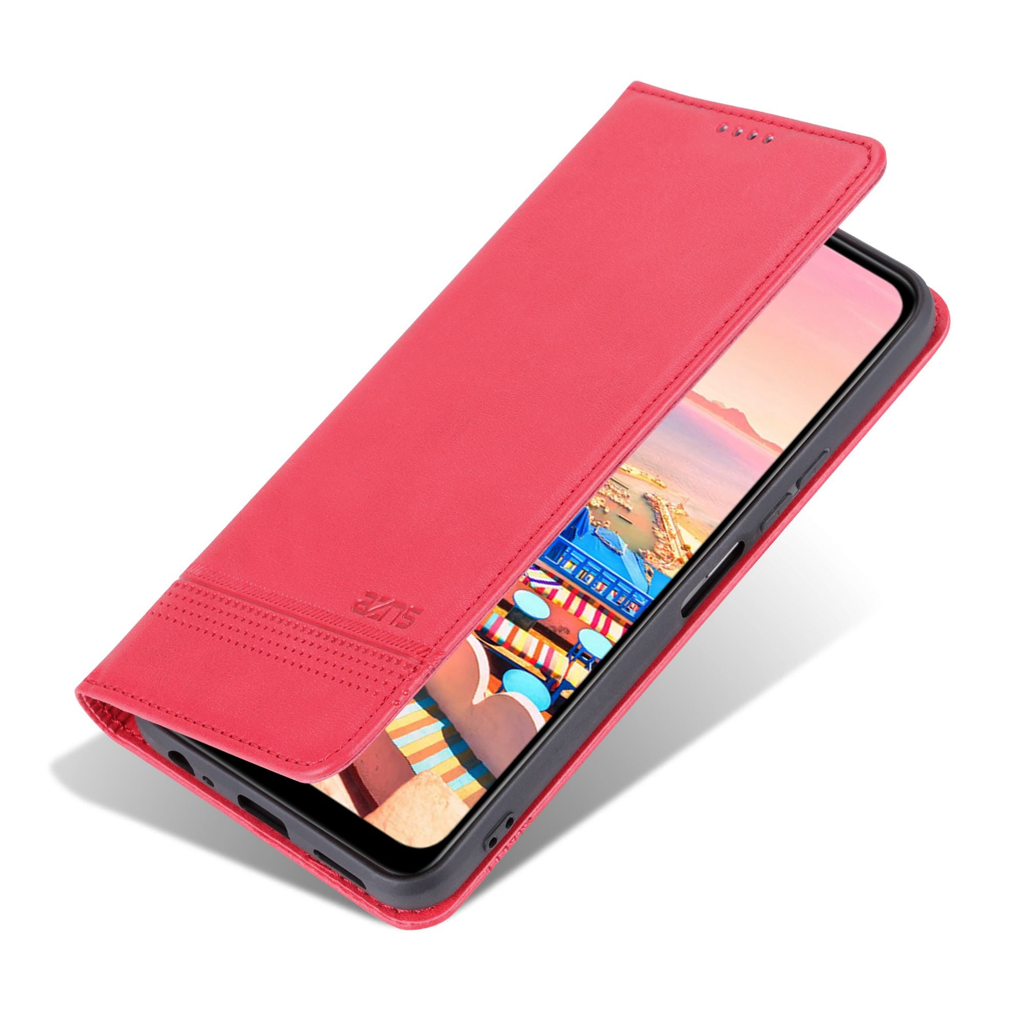 AZNS For vivo Y16 4G Cowhide Texture PU Leather Shockproof Case Magnetic Auto-absorbed Phone Wallet Stand Cover - Red