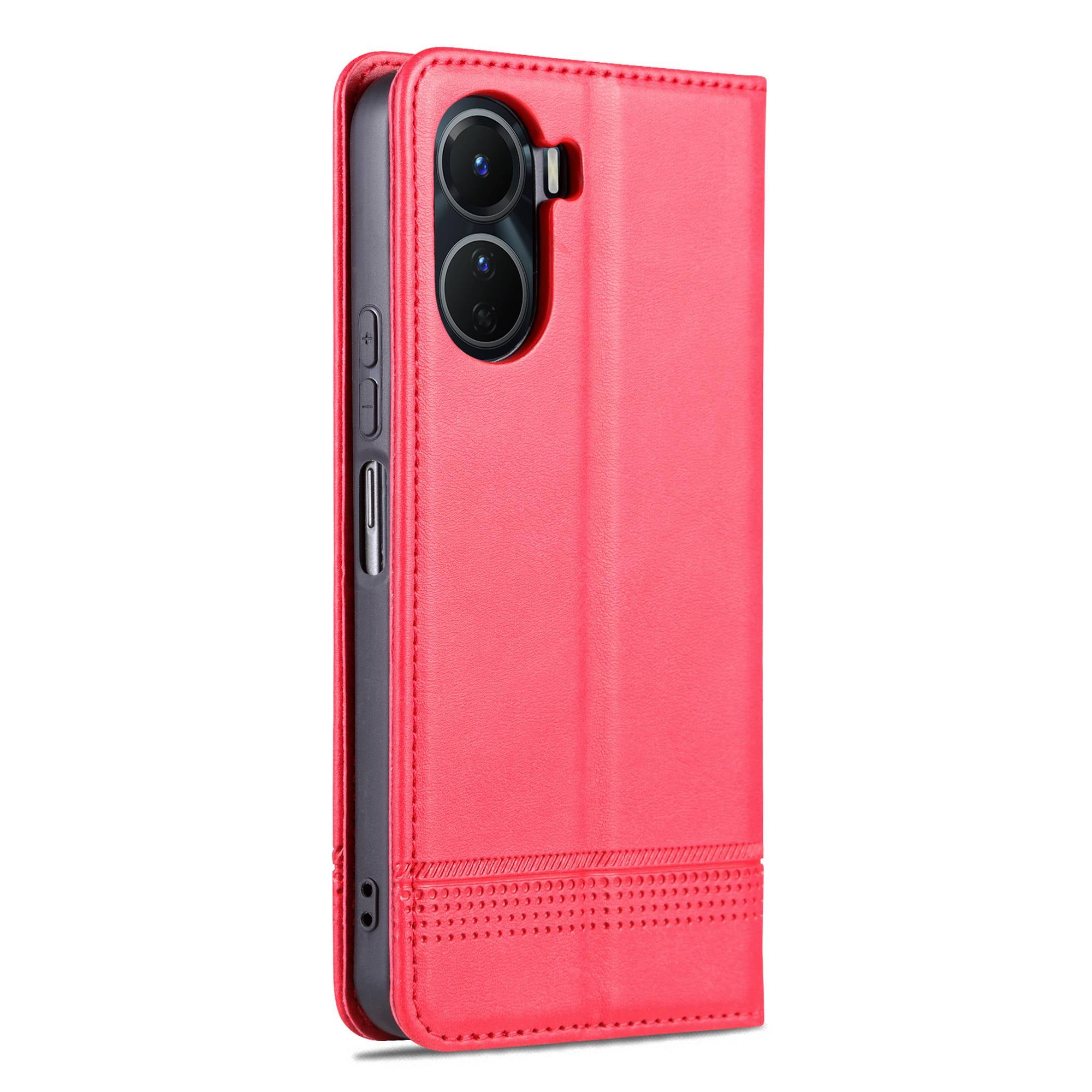 AZNS For vivo Y16 4G Cowhide Texture PU Leather Shockproof Case Magnetic Auto-absorbed Phone Wallet Stand Cover - Red