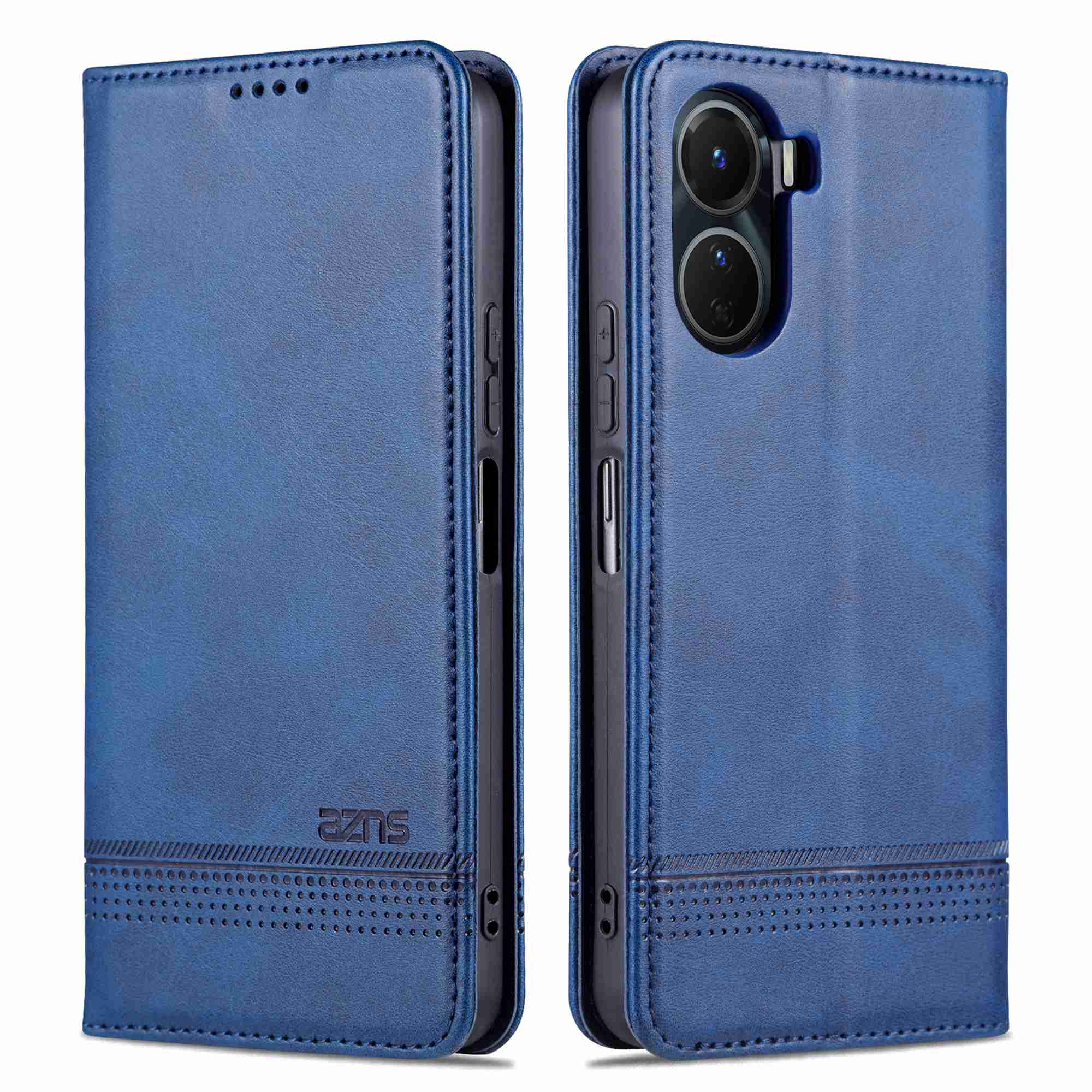 AZNS For vivo Y16 4G Cowhide Texture PU Leather Shockproof Case Magnetic Auto-absorbed Phone Wallet Stand Cover - Blue