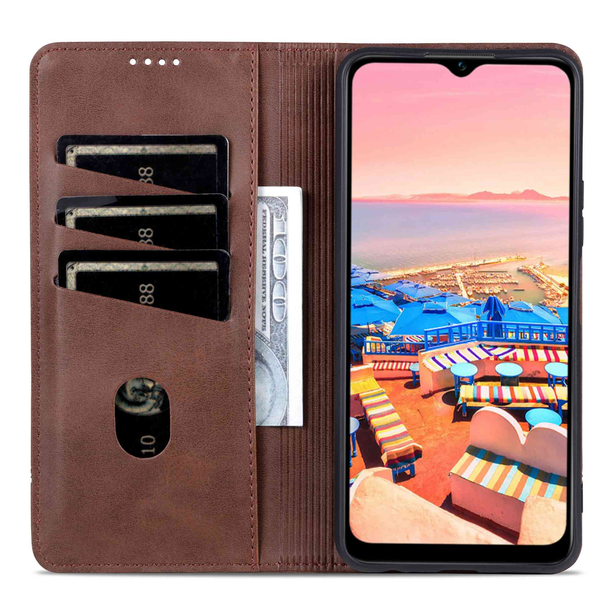 AZNS For vivo Y16 4G Cowhide Texture PU Leather Shockproof Case Magnetic Auto-absorbed Phone Wallet Stand Cover - Coffee