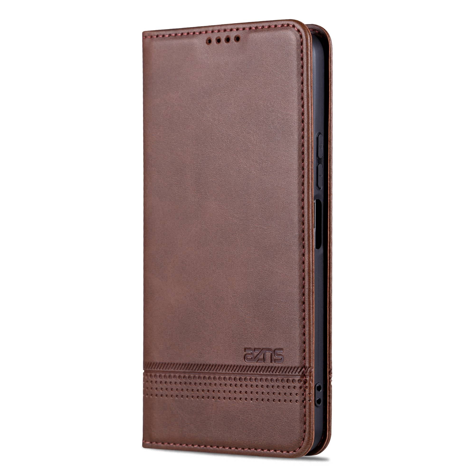 AZNS For vivo Y16 4G Cowhide Texture PU Leather Shockproof Case Magnetic Auto-absorbed Phone Wallet Stand Cover - Coffee