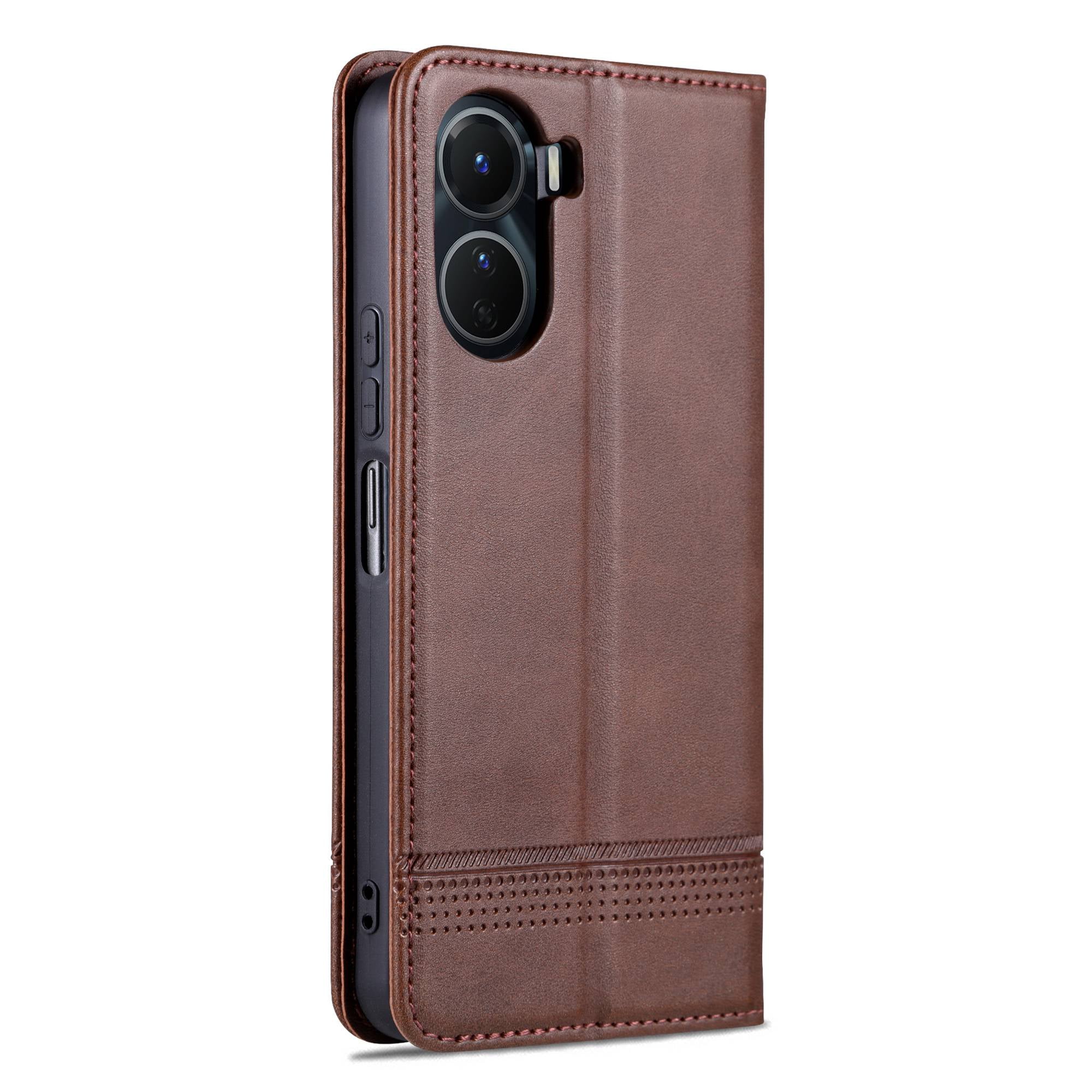 AZNS For vivo Y16 4G Cowhide Texture PU Leather Shockproof Case Magnetic Auto-absorbed Phone Wallet Stand Cover - Coffee