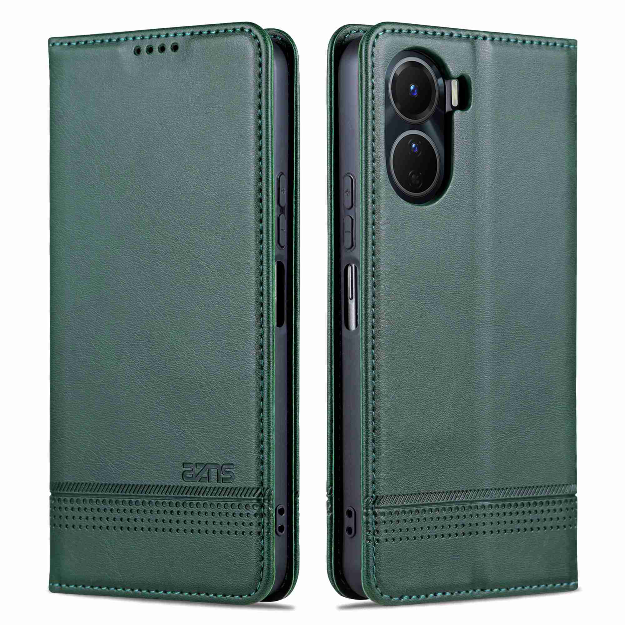 AZNS For vivo Y16 4G Cowhide Texture PU Leather Shockproof Case Magnetic Auto-absorbed Phone Wallet Stand Cover - Green