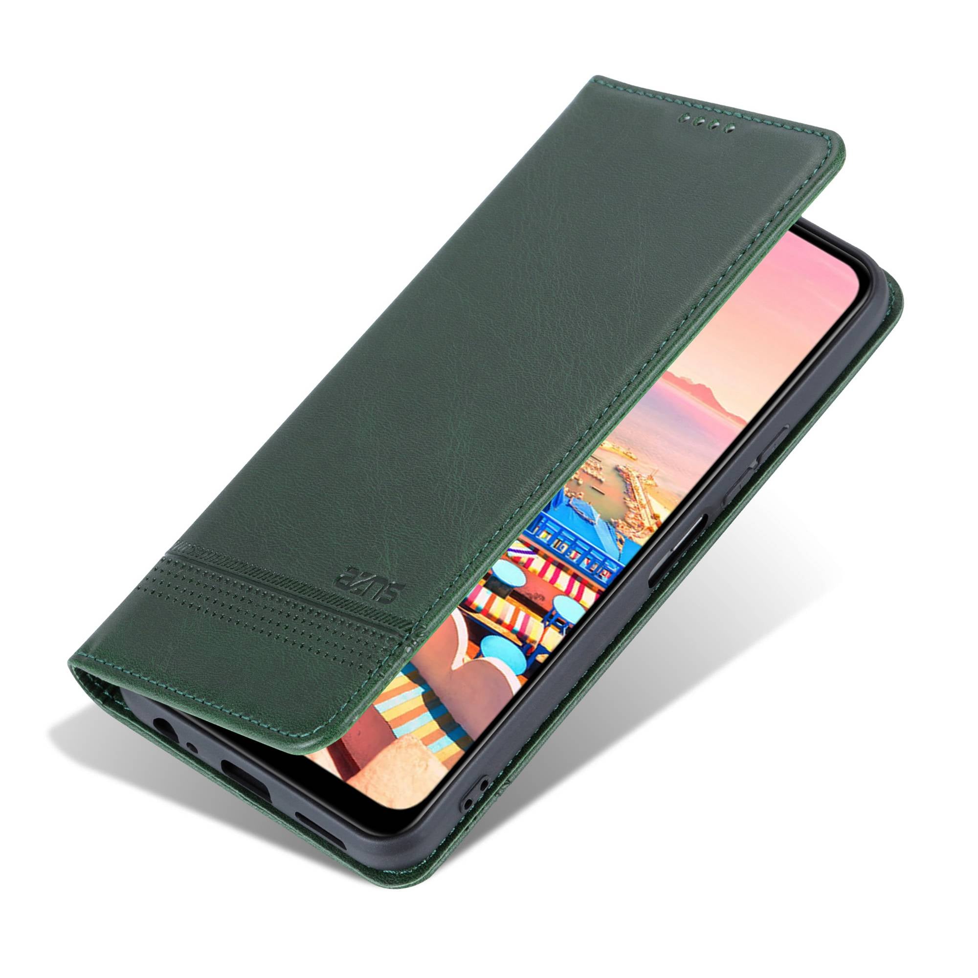 AZNS For vivo Y16 4G Cowhide Texture PU Leather Shockproof Case Magnetic Auto-absorbed Phone Wallet Stand Cover - Green