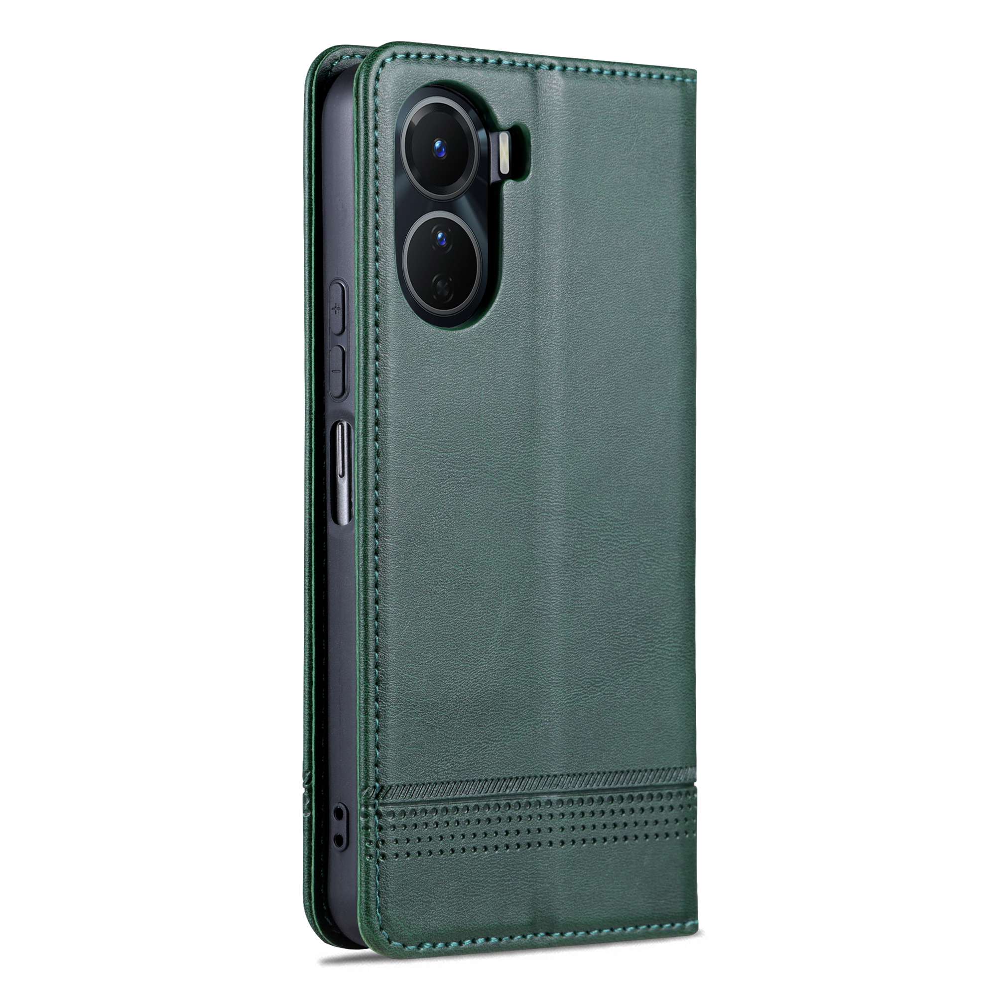 AZNS For vivo Y16 4G Cowhide Texture PU Leather Shockproof Case Magnetic Auto-absorbed Phone Wallet Stand Cover - Green