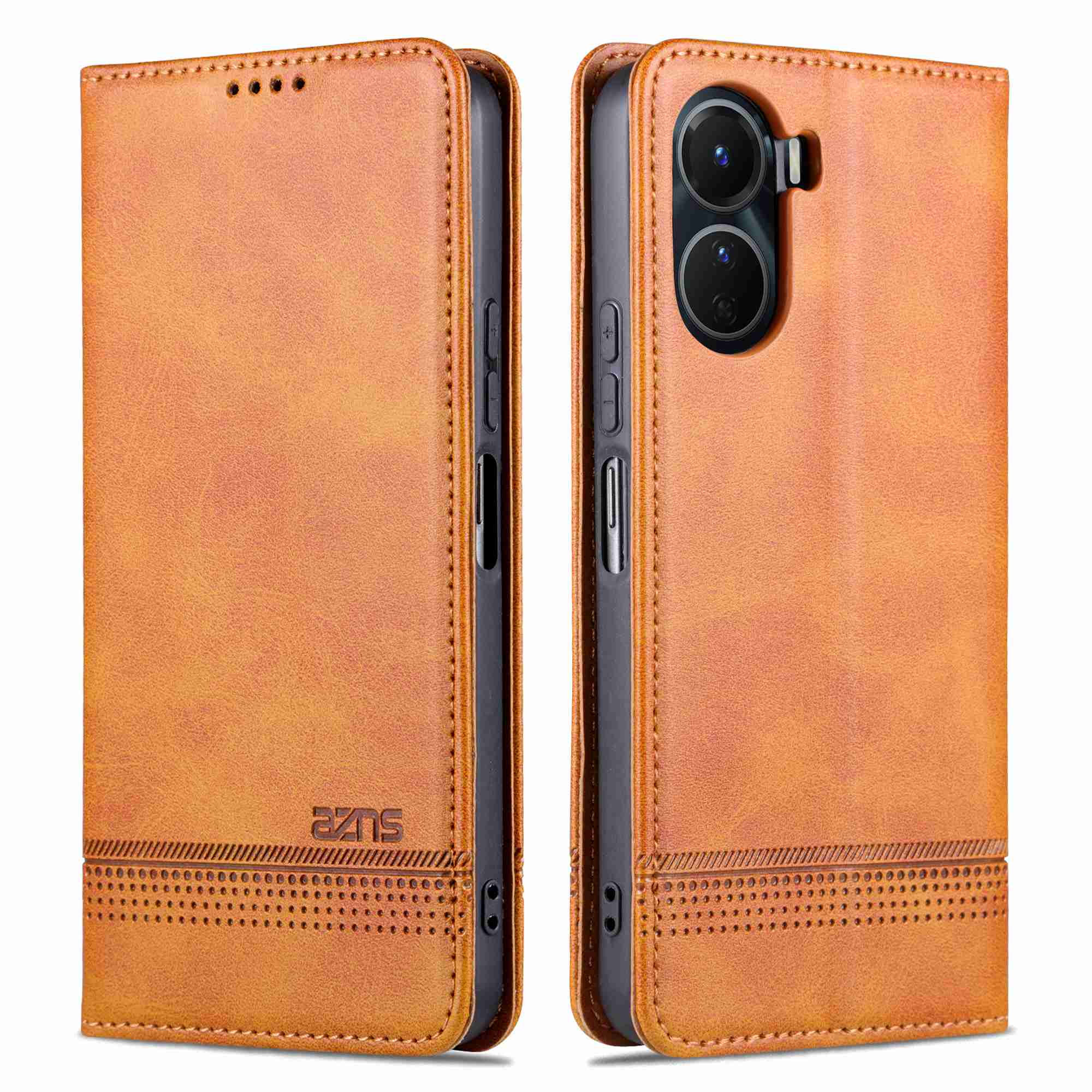 AZNS For vivo Y16 4G Cowhide Texture PU Leather Shockproof Case Magnetic Auto-absorbed Phone Wallet Stand Cover - Brown