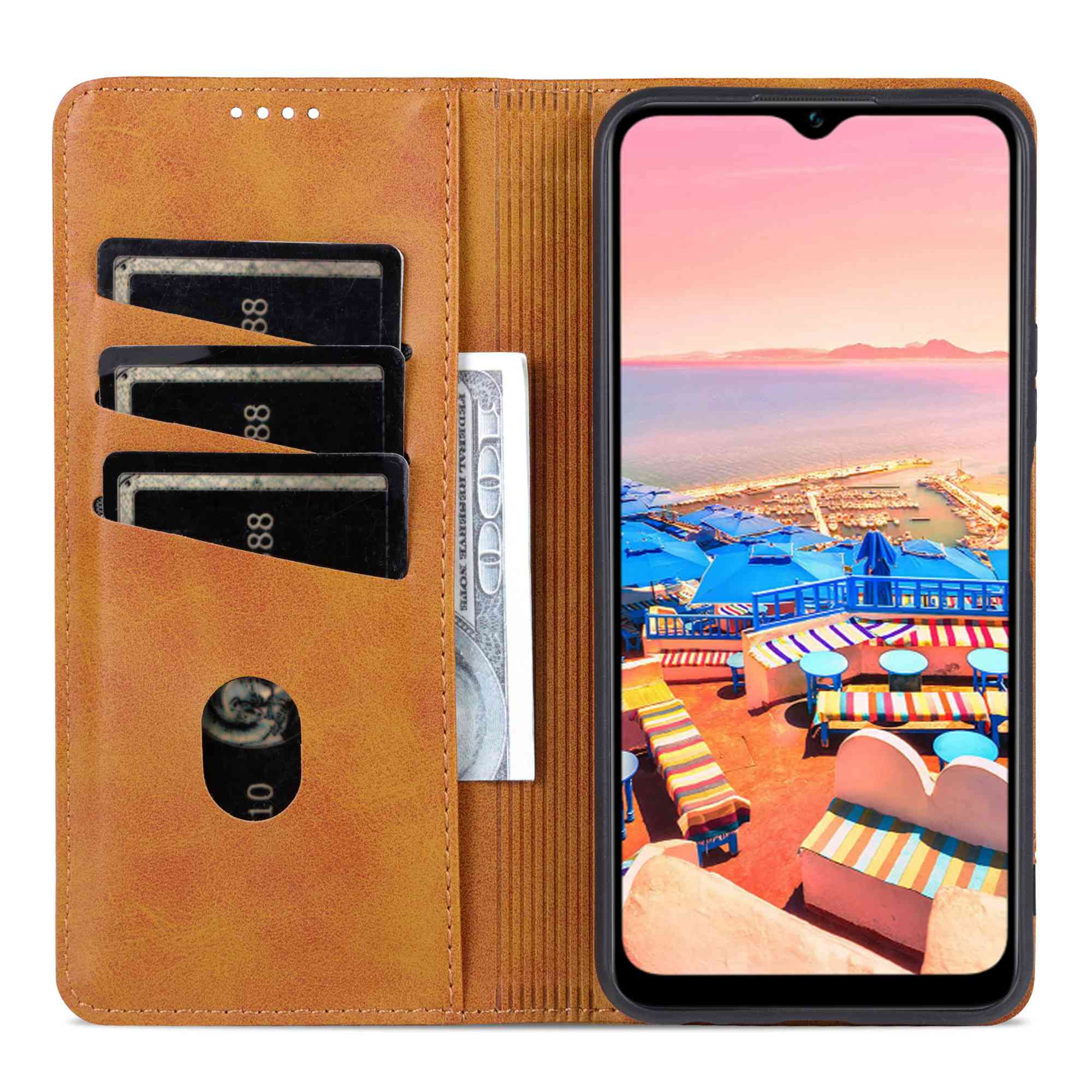 AZNS For vivo Y16 4G Cowhide Texture PU Leather Shockproof Case Magnetic Auto-absorbed Phone Wallet Stand Cover - Brown