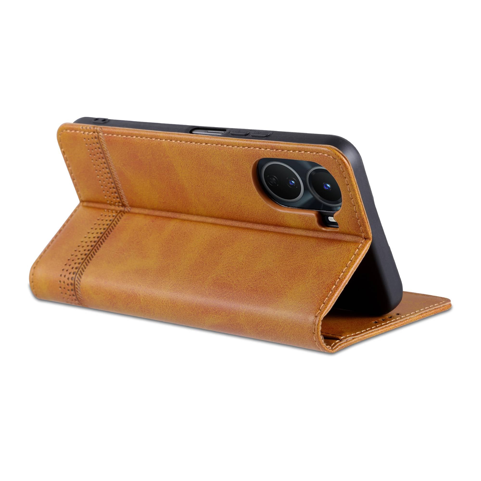 AZNS For vivo Y16 4G Cowhide Texture PU Leather Shockproof Case Magnetic Auto-absorbed Phone Wallet Stand Cover - Brown