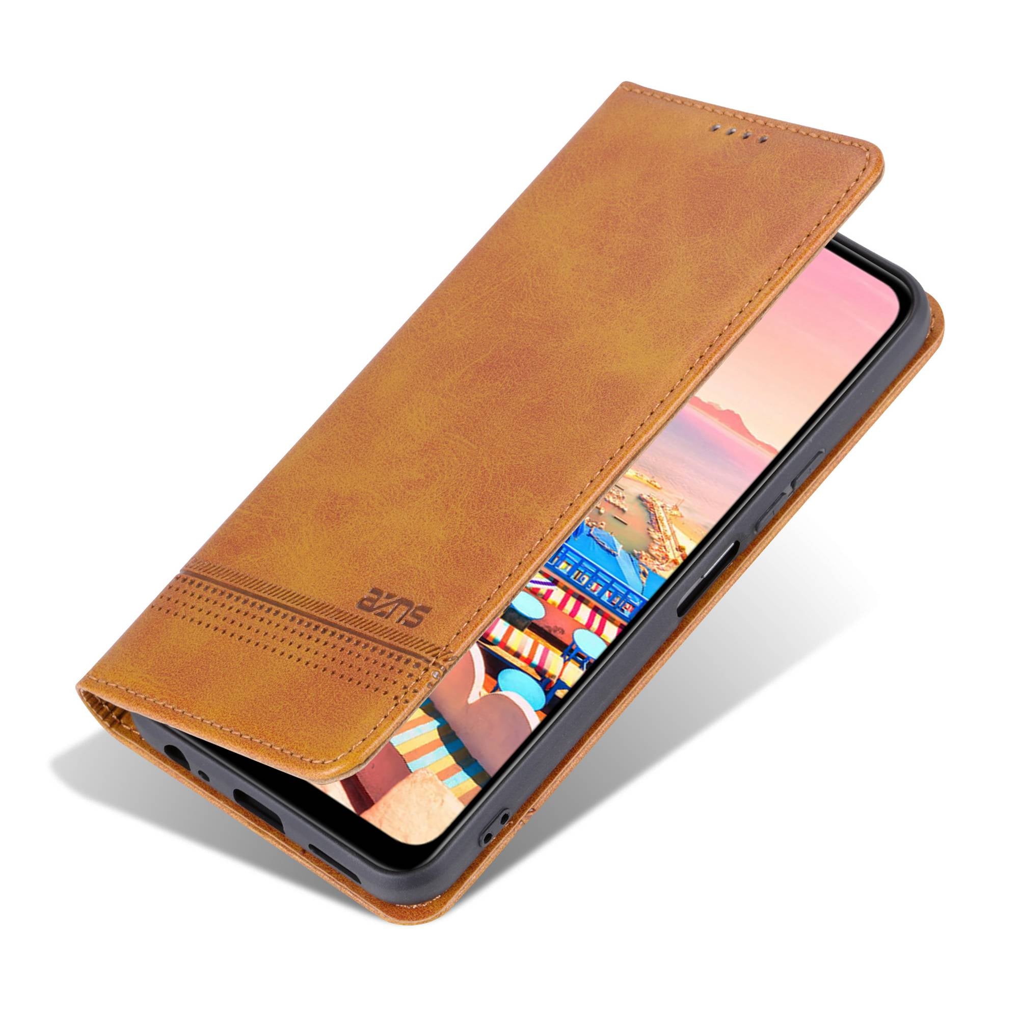 AZNS For vivo Y16 4G Cowhide Texture PU Leather Shockproof Case Magnetic Auto-absorbed Phone Wallet Stand Cover - Brown