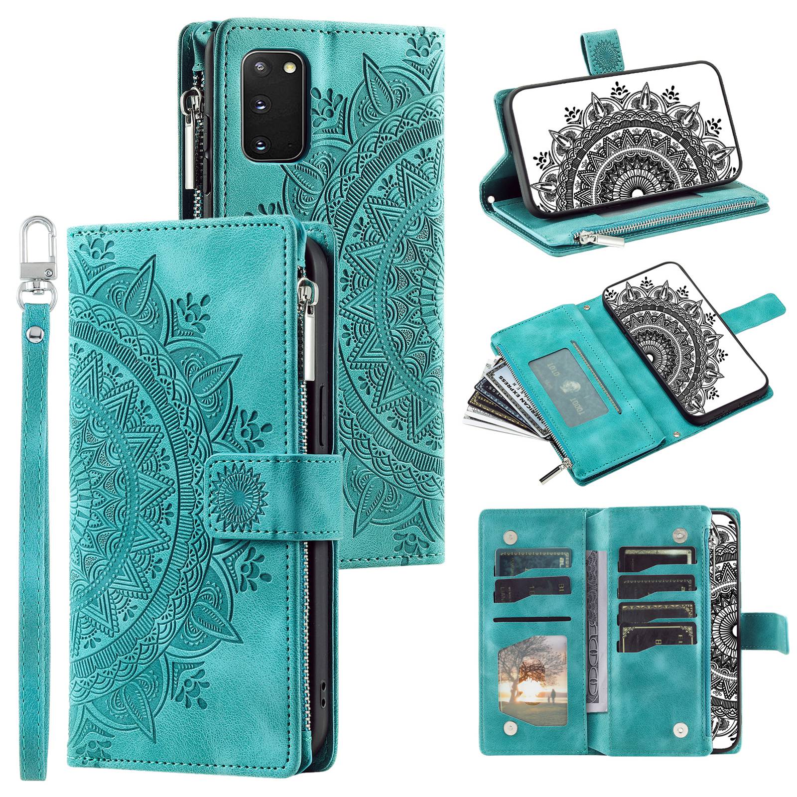 For Samsung Galaxy S20 4G / S20 5G Shockproof Case Mandala Flower Imprinted PU Leather Cover Magnetic Clasp Multi Card Slot Protective Cover with Zippered Wallet / Strap - Green