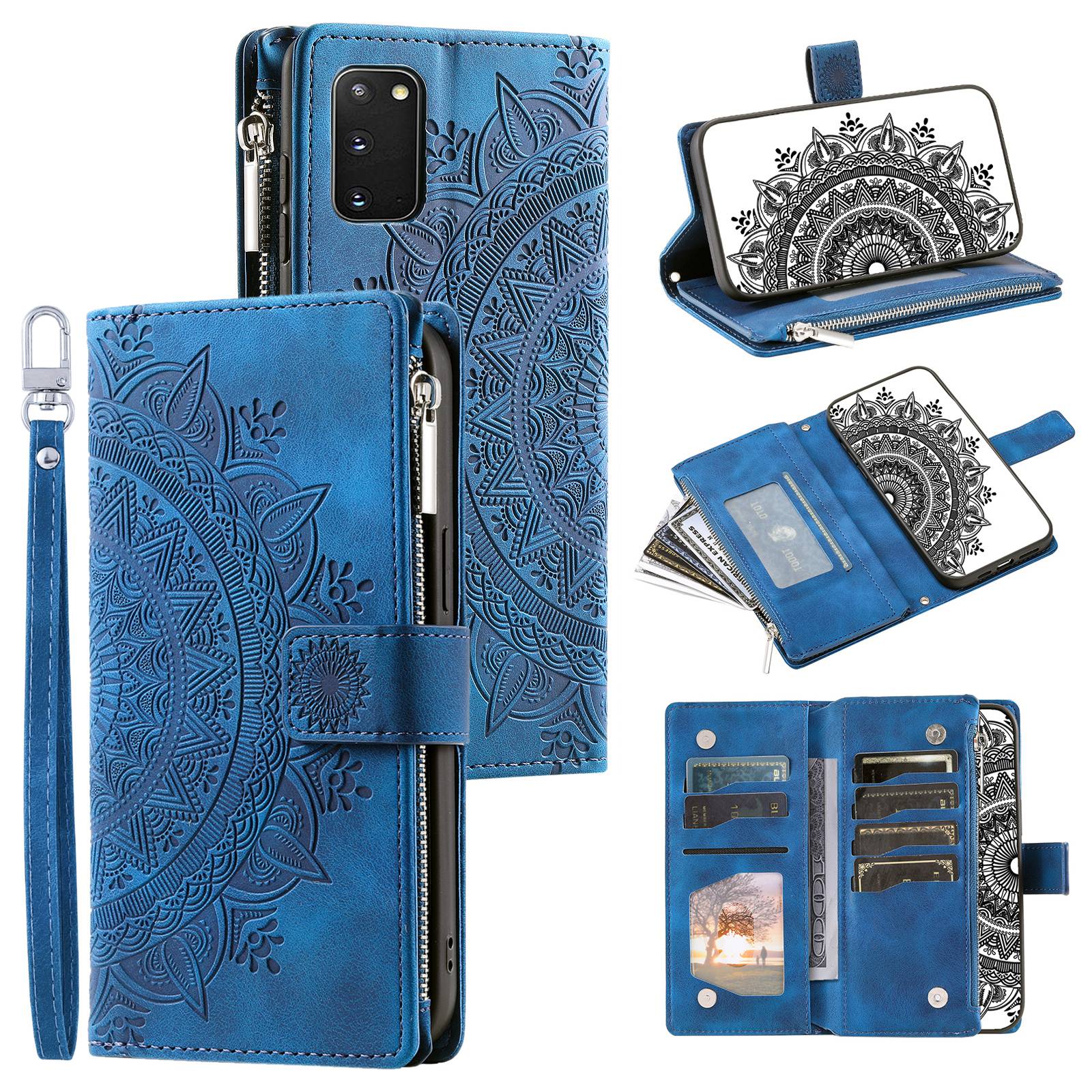 For Samsung Galaxy S20 4G / S20 5G Shockproof Case Mandala Flower Imprinted PU Leather Cover Magnetic Clasp Multi Card Slot Protective Cover with Zippered Wallet / Strap - Blue