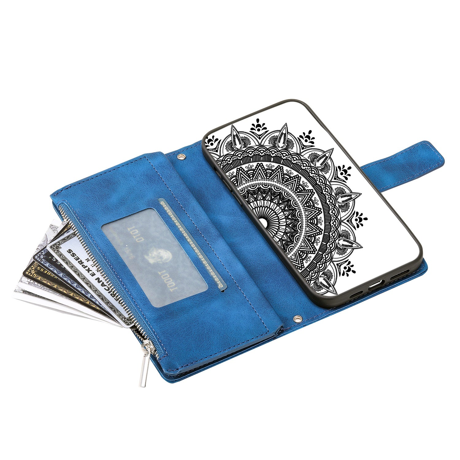 For Samsung Galaxy S20 4G / S20 5G Shockproof Case Mandala Flower Imprinted PU Leather Cover Magnetic Clasp Multi Card Slot Protective Cover with Zippered Wallet / Strap - Blue