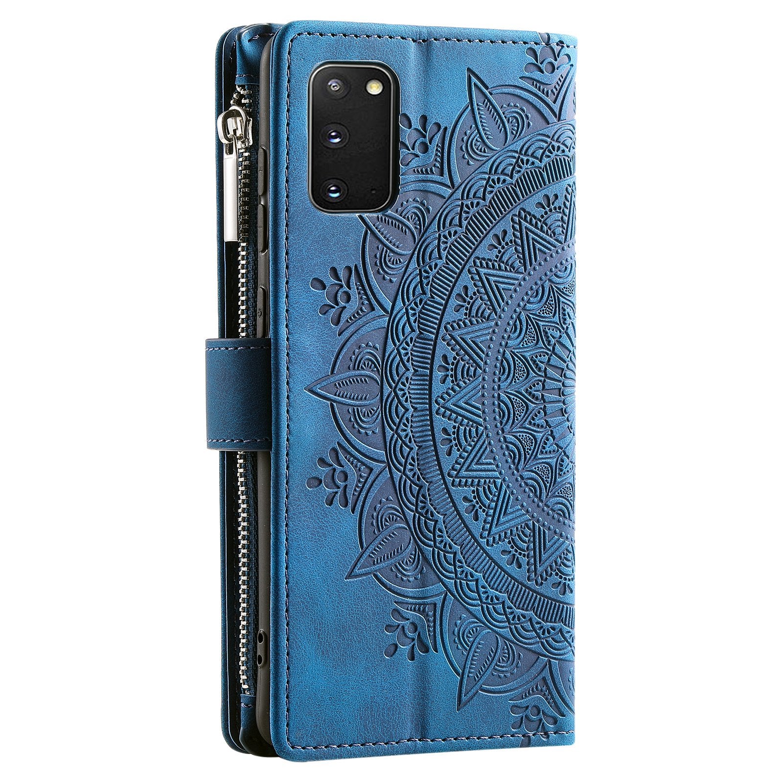 For Samsung Galaxy S20 4G / S20 5G Shockproof Case Mandala Flower Imprinted PU Leather Cover Magnetic Clasp Multi Card Slot Protective Cover with Zippered Wallet / Strap - Blue