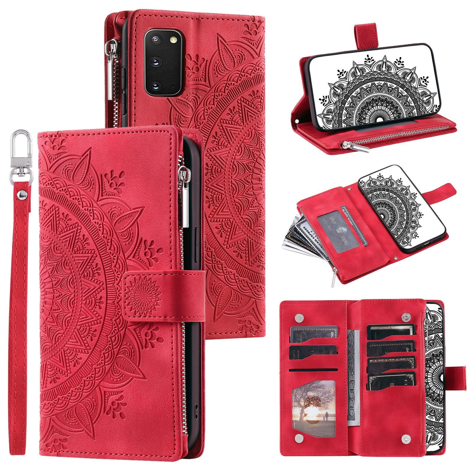 For Samsung Galaxy S20 4G / S20 5G Shockproof Case Mandala Flower Imprinted PU Leather Cover Magnetic Clasp Multi Card Slot Protective Cover with Zippered Wallet / Strap - Red