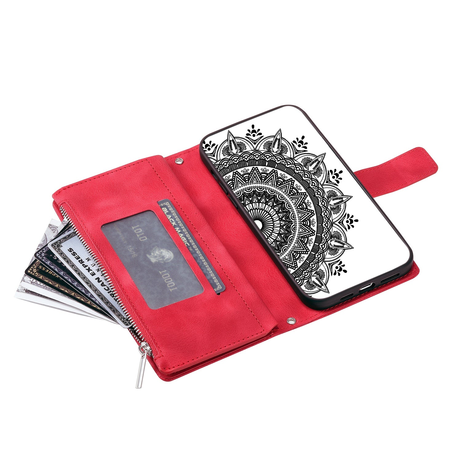 For Samsung Galaxy S20 4G / S20 5G Shockproof Case Mandala Flower Imprinted PU Leather Cover Magnetic Clasp Multi Card Slot Protective Cover with Zippered Wallet / Strap - Red