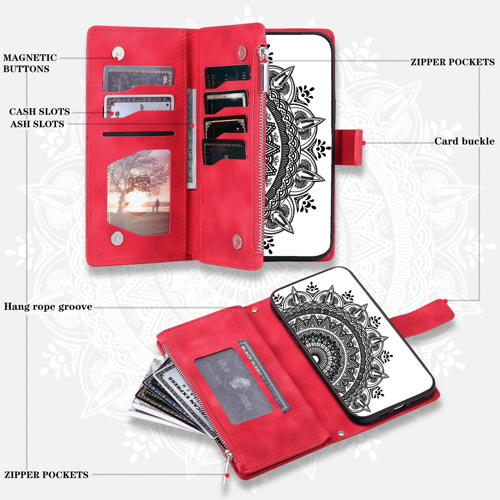 For Samsung Galaxy S20 4G / S20 5G Shockproof Case Mandala Flower Imprinted PU Leather Cover Magnetic Clasp Multi Card Slot Protective Cover with Zippered Wallet / Strap - Red