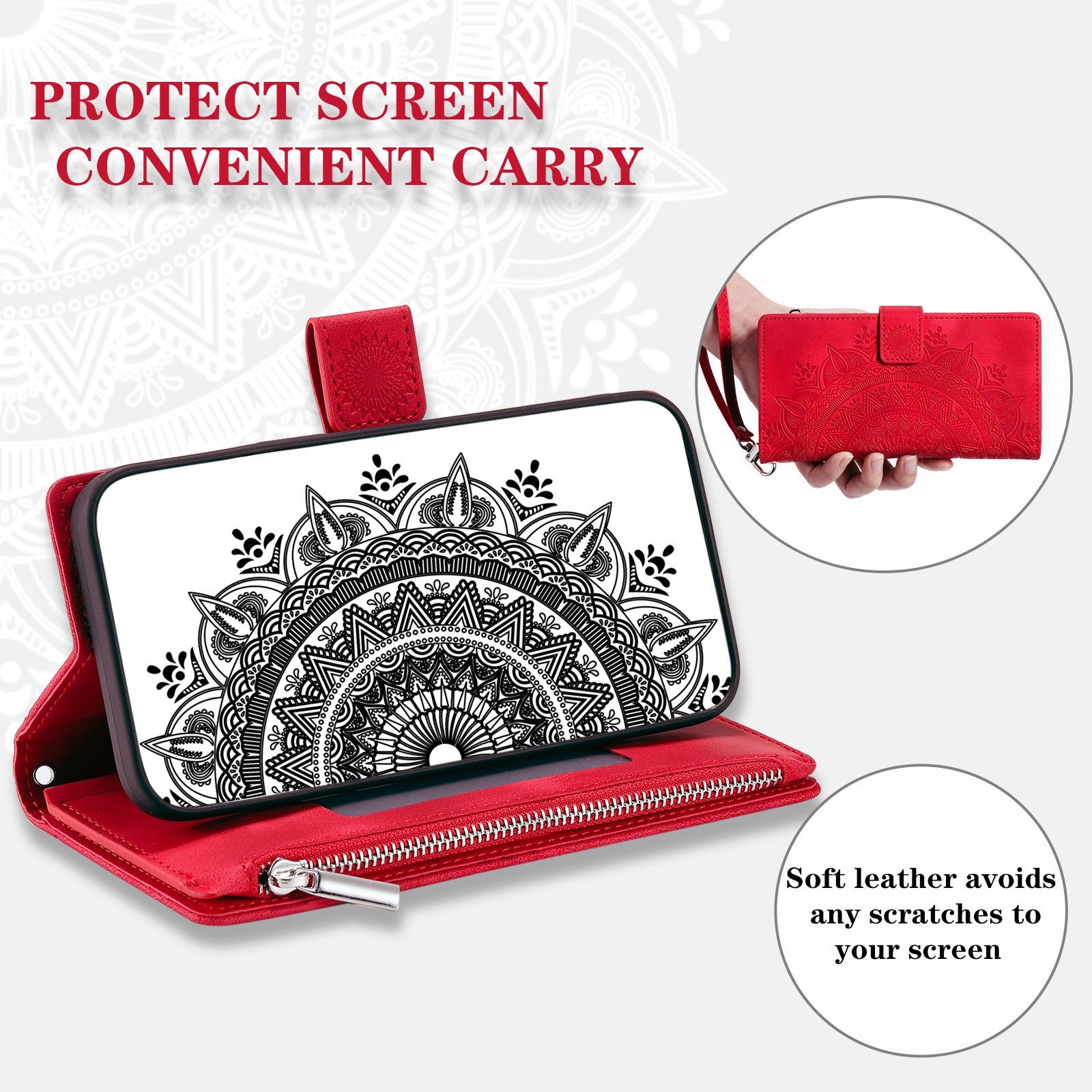 For Samsung Galaxy S20 4G / S20 5G Shockproof Case Mandala Flower Imprinted PU Leather Cover Magnetic Clasp Multi Card Slot Protective Cover with Zippered Wallet / Strap - Red