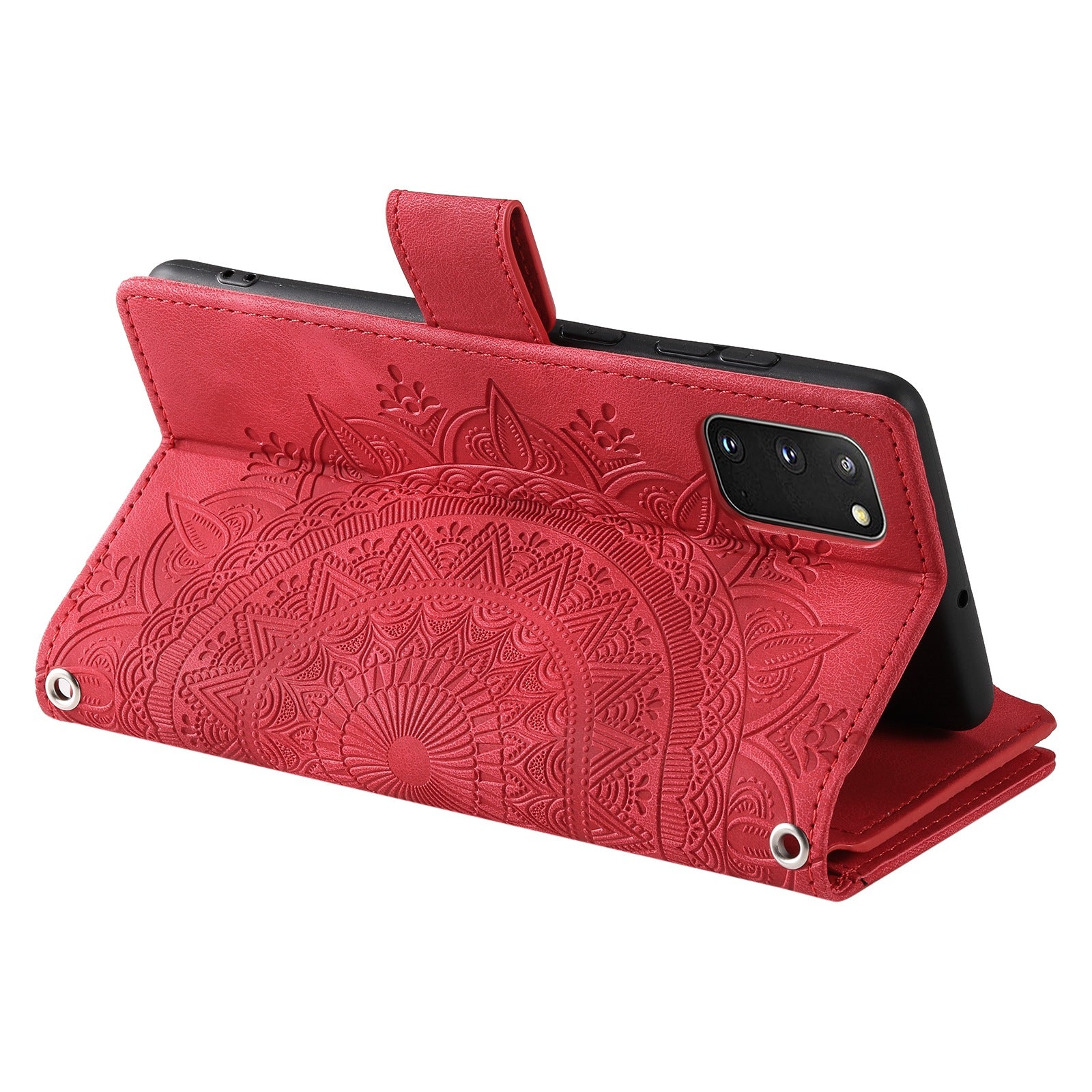 For Samsung Galaxy S20 4G / S20 5G Shockproof Case Mandala Flower Imprinted PU Leather Cover Magnetic Clasp Multi Card Slot Protective Cover with Zippered Wallet / Strap - Red