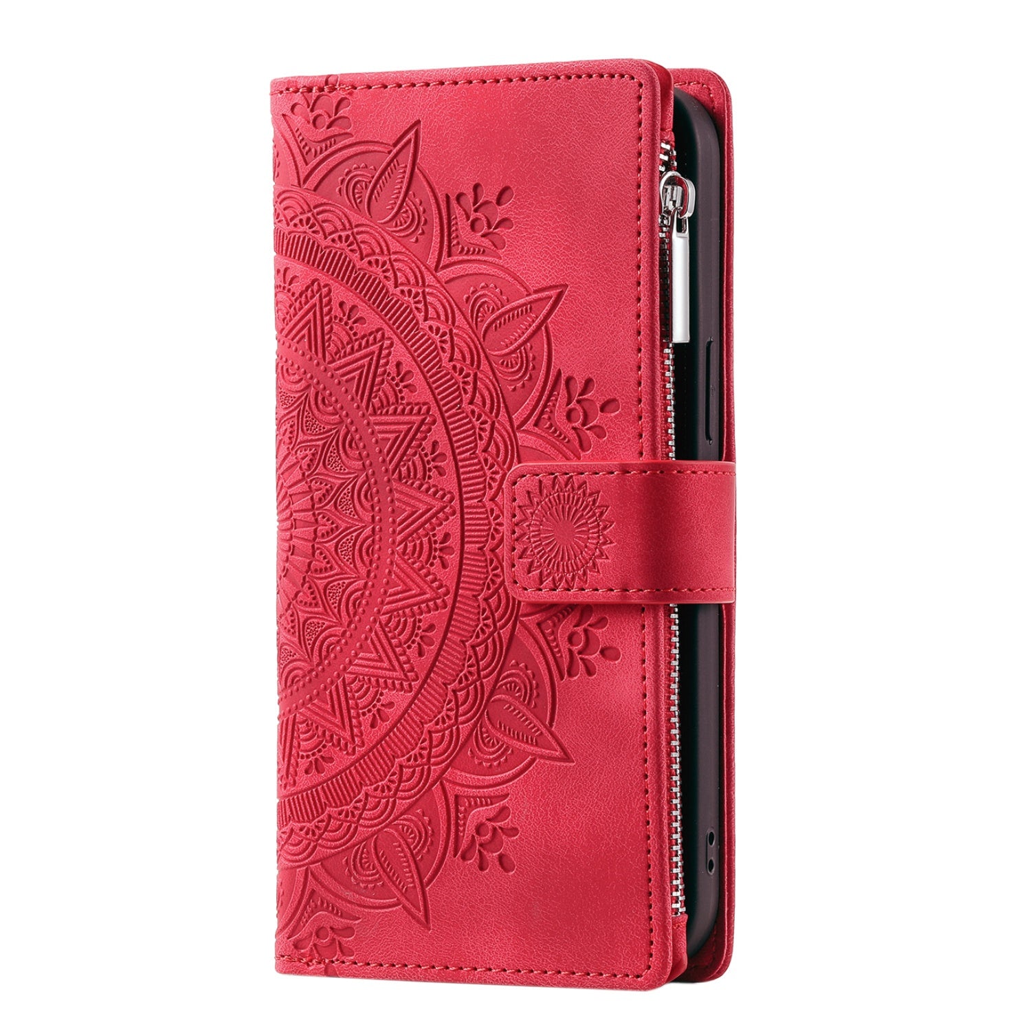 For Samsung Galaxy S20 4G / S20 5G Shockproof Case Mandala Flower Imprinted PU Leather Cover Magnetic Clasp Multi Card Slot Protective Cover with Zippered Wallet / Strap - Red