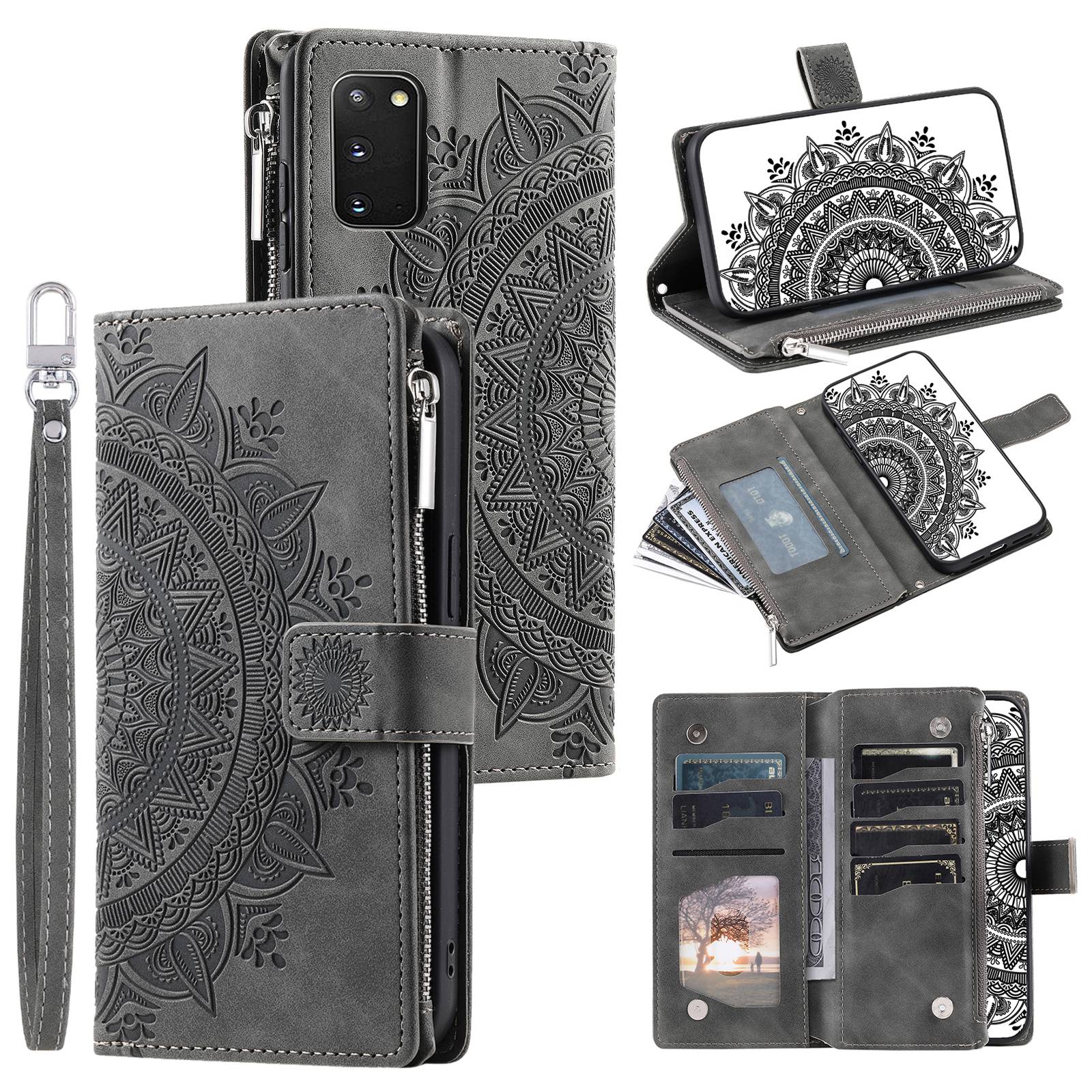 For Samsung Galaxy S20 4G / S20 5G Shockproof Case Mandala Flower Imprinted PU Leather Cover Magnetic Clasp Multi Card Slot Protective Cover with Zippered Wallet / Strap - Grey