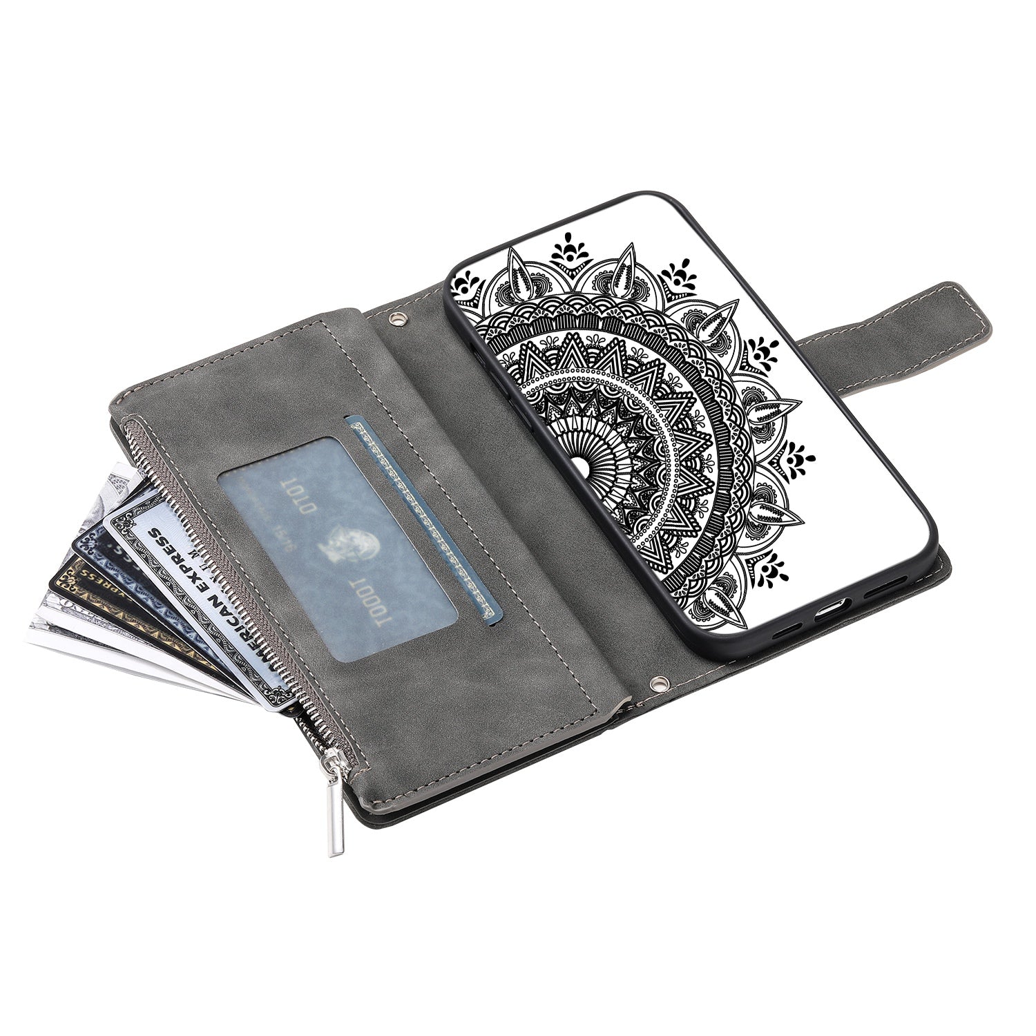 For Samsung Galaxy S20 4G / S20 5G Shockproof Case Mandala Flower Imprinted PU Leather Cover Magnetic Clasp Multi Card Slot Protective Cover with Zippered Wallet / Strap - Grey