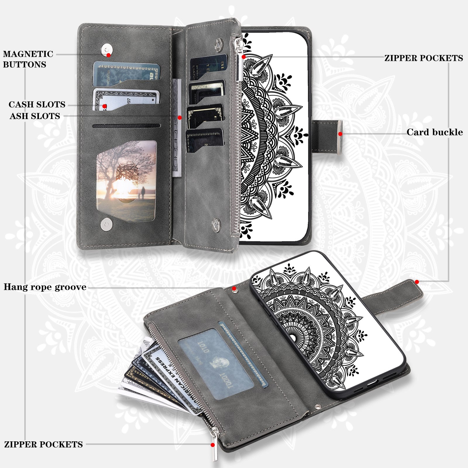 For Samsung Galaxy S20 4G / S20 5G Shockproof Case Mandala Flower Imprinted PU Leather Cover Magnetic Clasp Multi Card Slot Protective Cover with Zippered Wallet / Strap - Grey