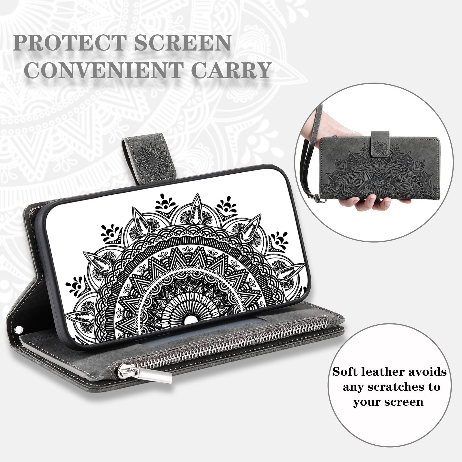 For Samsung Galaxy S20 4G / S20 5G Shockproof Case Mandala Flower Imprinted PU Leather Cover Magnetic Clasp Multi Card Slot Protective Cover with Zippered Wallet / Strap - Grey