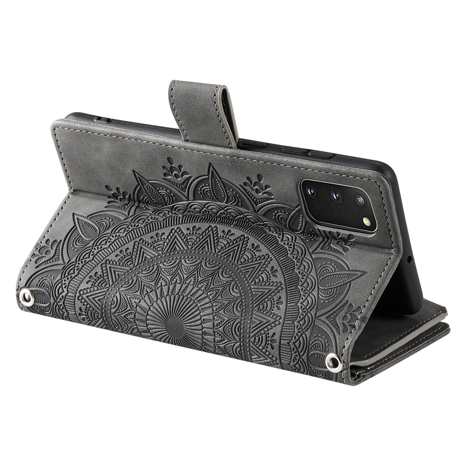 For Samsung Galaxy S20 4G / S20 5G Shockproof Case Mandala Flower Imprinted PU Leather Cover Magnetic Clasp Multi Card Slot Protective Cover with Zippered Wallet / Strap - Grey