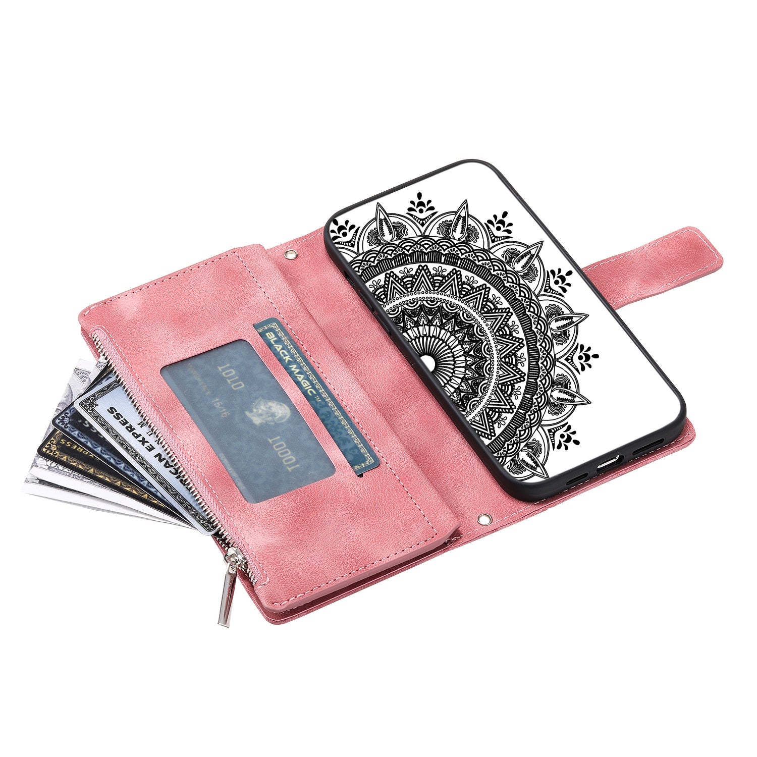 For Samsung Galaxy S20 4G / S20 5G Shockproof Case Mandala Flower Imprinted PU Leather Cover Magnetic Clasp Multi Card Slot Protective Cover with Zippered Wallet / Strap - Rose Gold