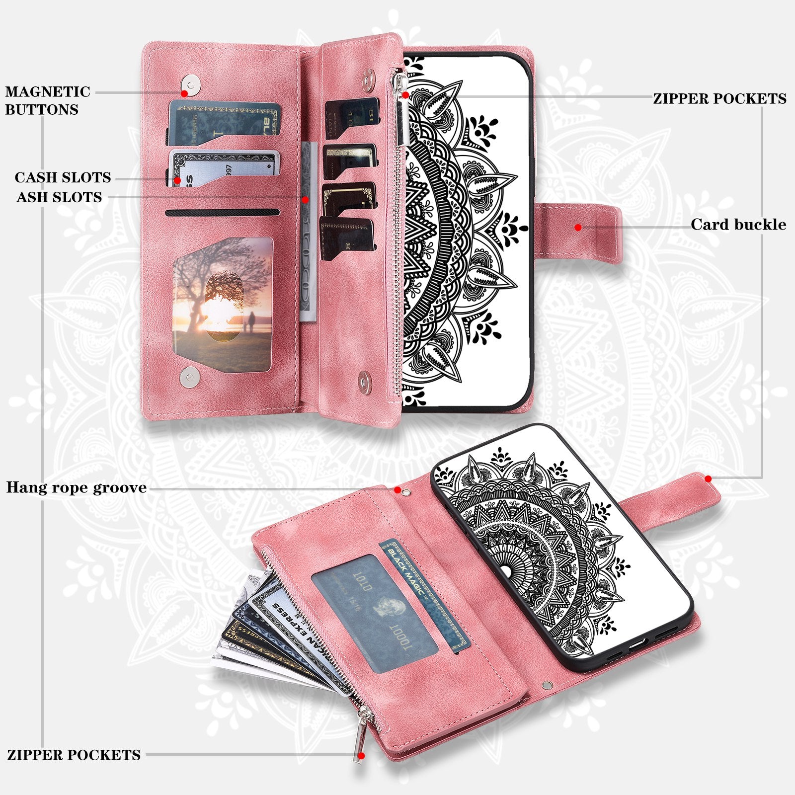 For Samsung Galaxy S20 4G / S20 5G Shockproof Case Mandala Flower Imprinted PU Leather Cover Magnetic Clasp Multi Card Slot Protective Cover with Zippered Wallet / Strap - Rose Gold