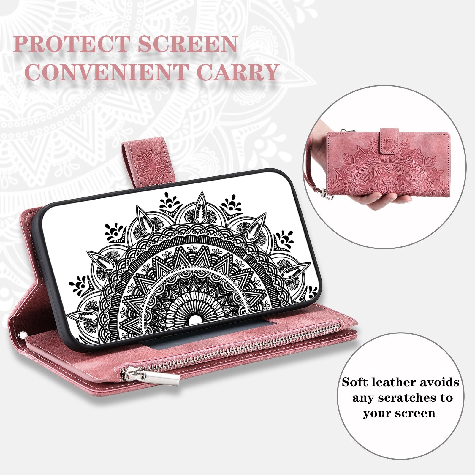 For Samsung Galaxy S20 4G / S20 5G Shockproof Case Mandala Flower Imprinted PU Leather Cover Magnetic Clasp Multi Card Slot Protective Cover with Zippered Wallet / Strap - Rose Gold