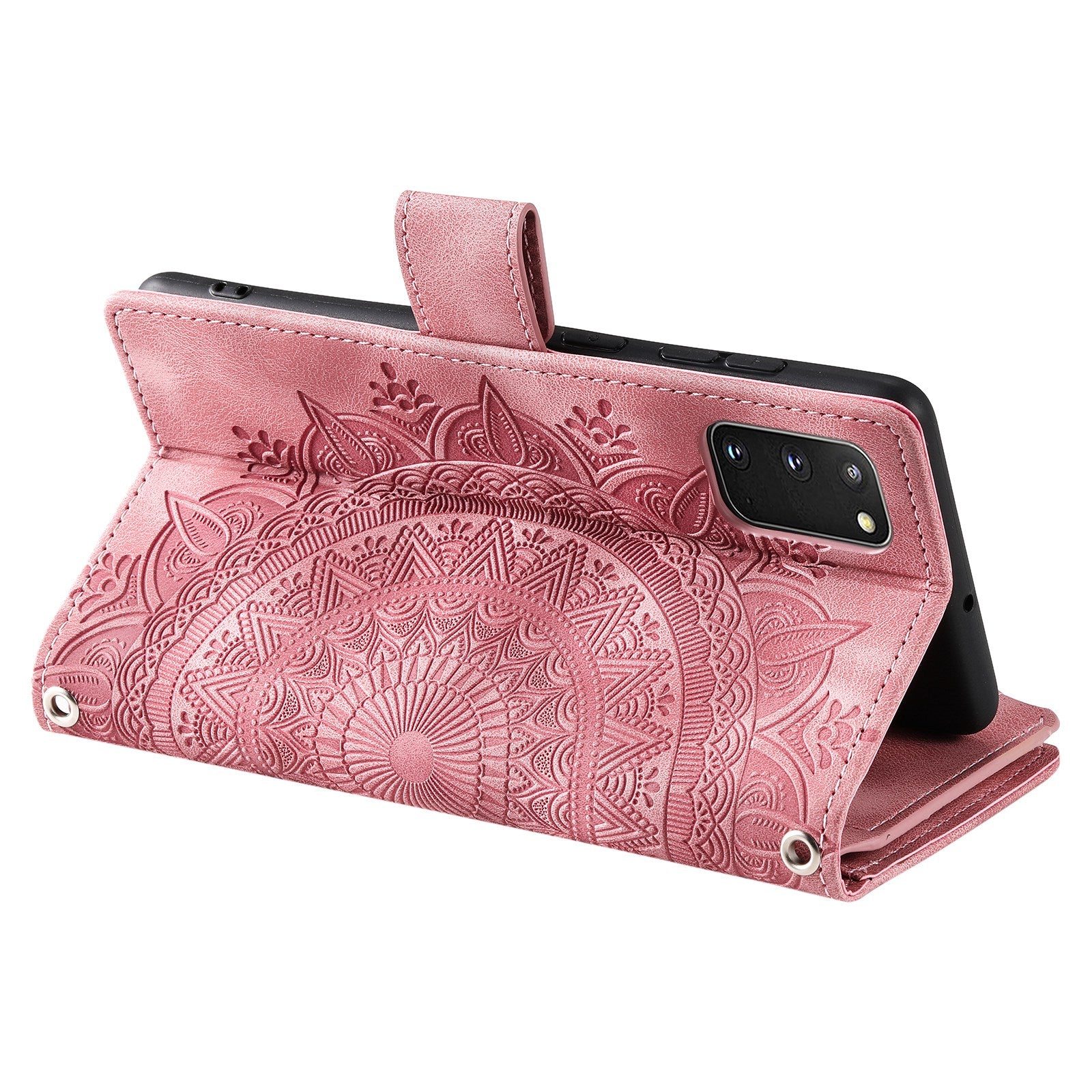 For Samsung Galaxy S20 4G / S20 5G Shockproof Case Mandala Flower Imprinted PU Leather Cover Magnetic Clasp Multi Card Slot Protective Cover with Zippered Wallet / Strap - Rose Gold