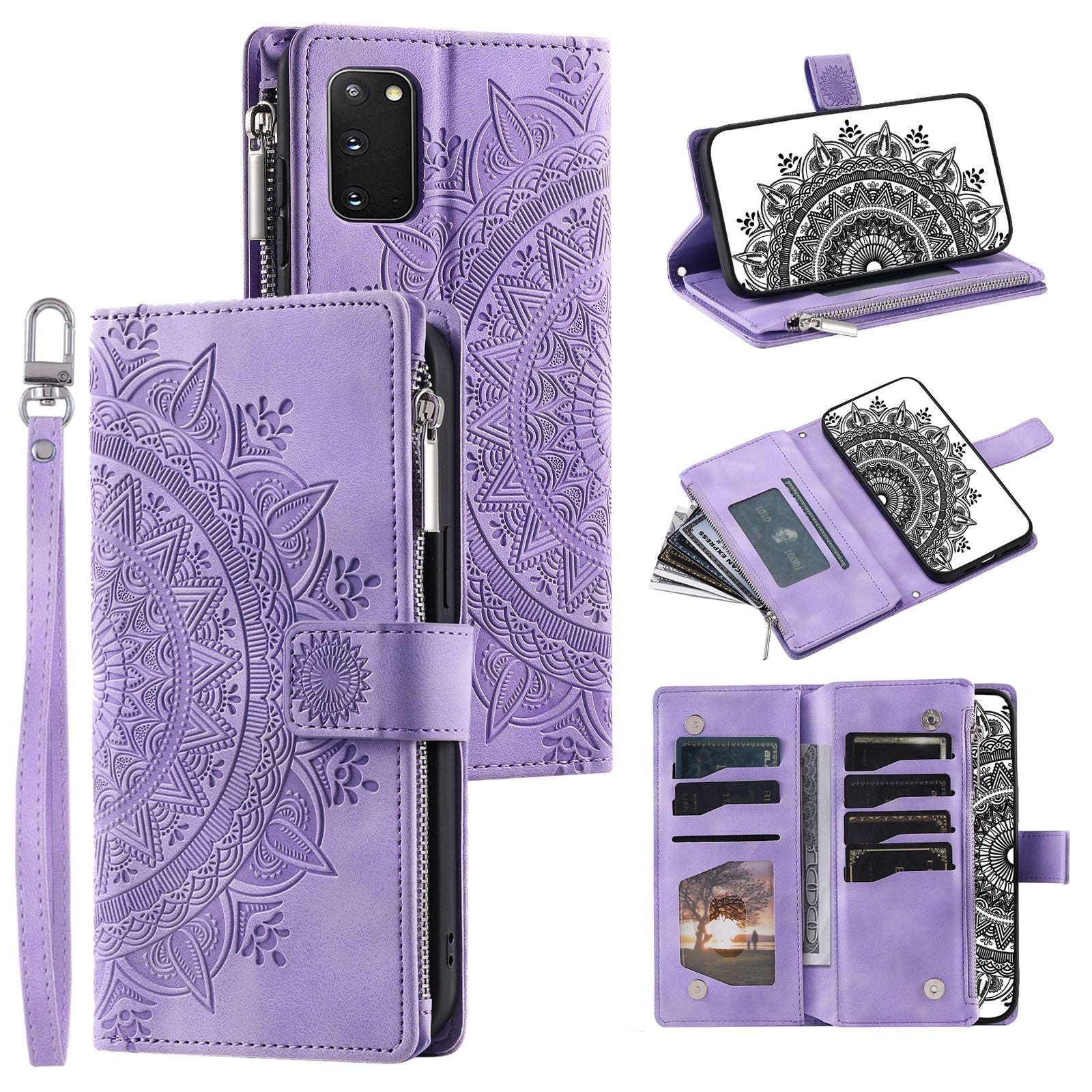 For Samsung Galaxy S20 4G / S20 5G Shockproof Case Mandala Flower Imprinted PU Leather Cover Magnetic Clasp Multi Card Slot Protective Cover with Zippered Wallet / Strap - Purple