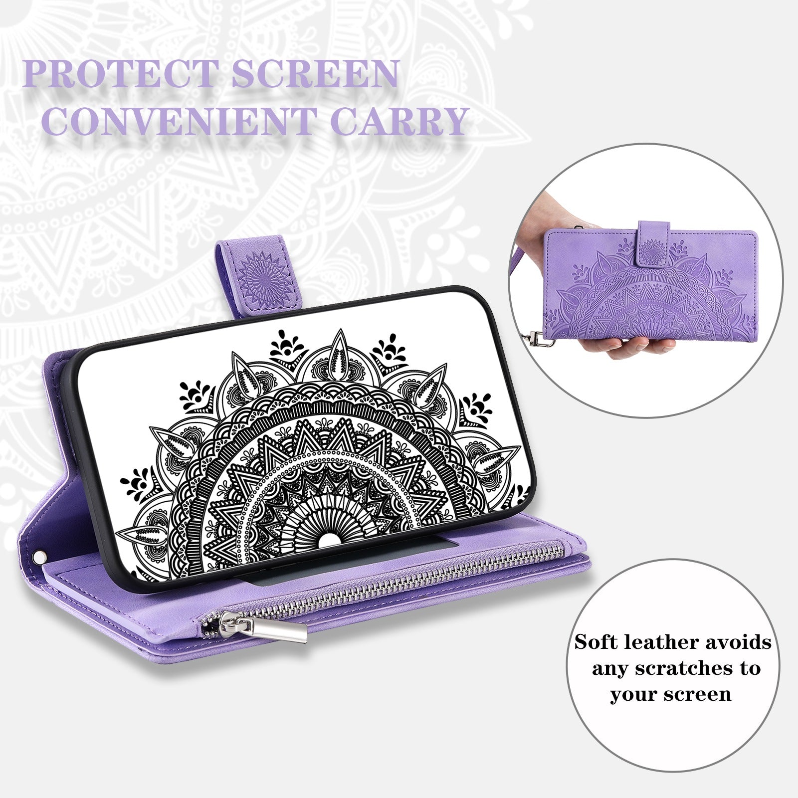 For Samsung Galaxy S20 4G / S20 5G Shockproof Case Mandala Flower Imprinted PU Leather Cover Magnetic Clasp Multi Card Slot Protective Cover with Zippered Wallet / Strap - Purple